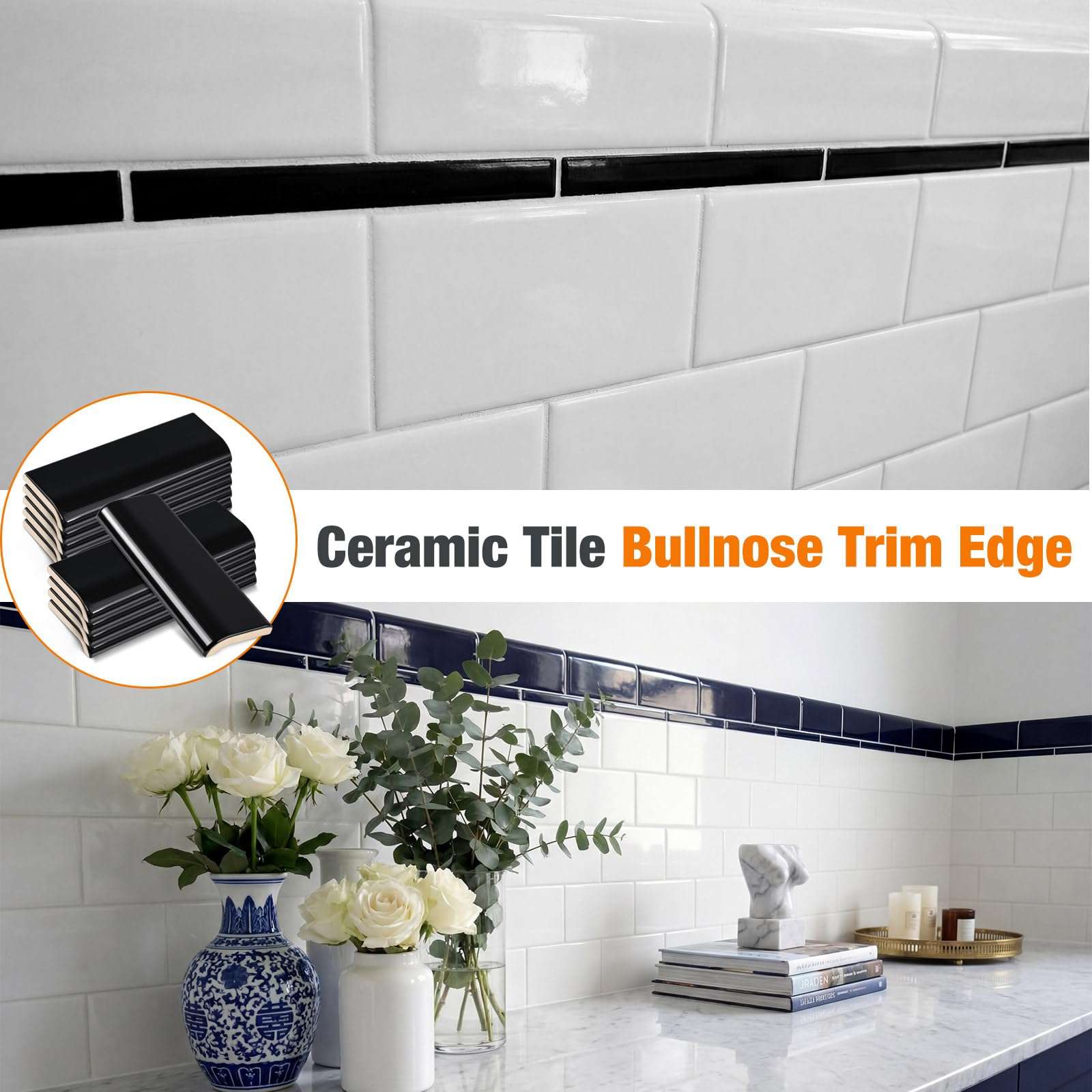 Maasechs 10 Pcs 2 x 6 in Ceramic Tile Bull Nose Trim Edge Glossy Subway Wall Trim Tile for Finishing in Bathroom Kitchen Backsplash and Shower Walls (Single-Sided Arc,Black) 5