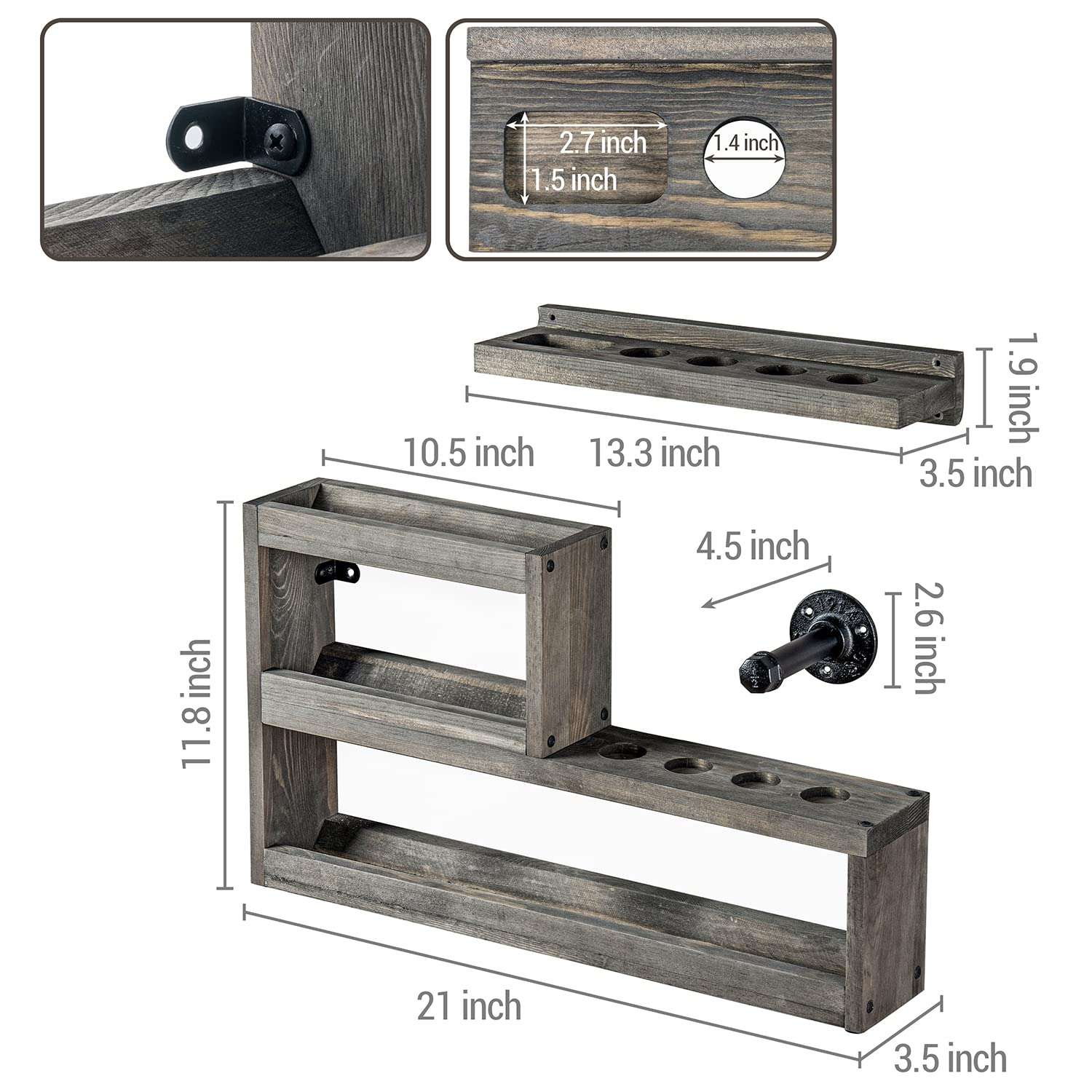 MyGift Vintage Weathered Gray Solid Wood Pool Cue Holder and Ball Storage with Pipe Hanging Hook for Triangle Rack, Wall Mounted Billiards Organizer Set 6