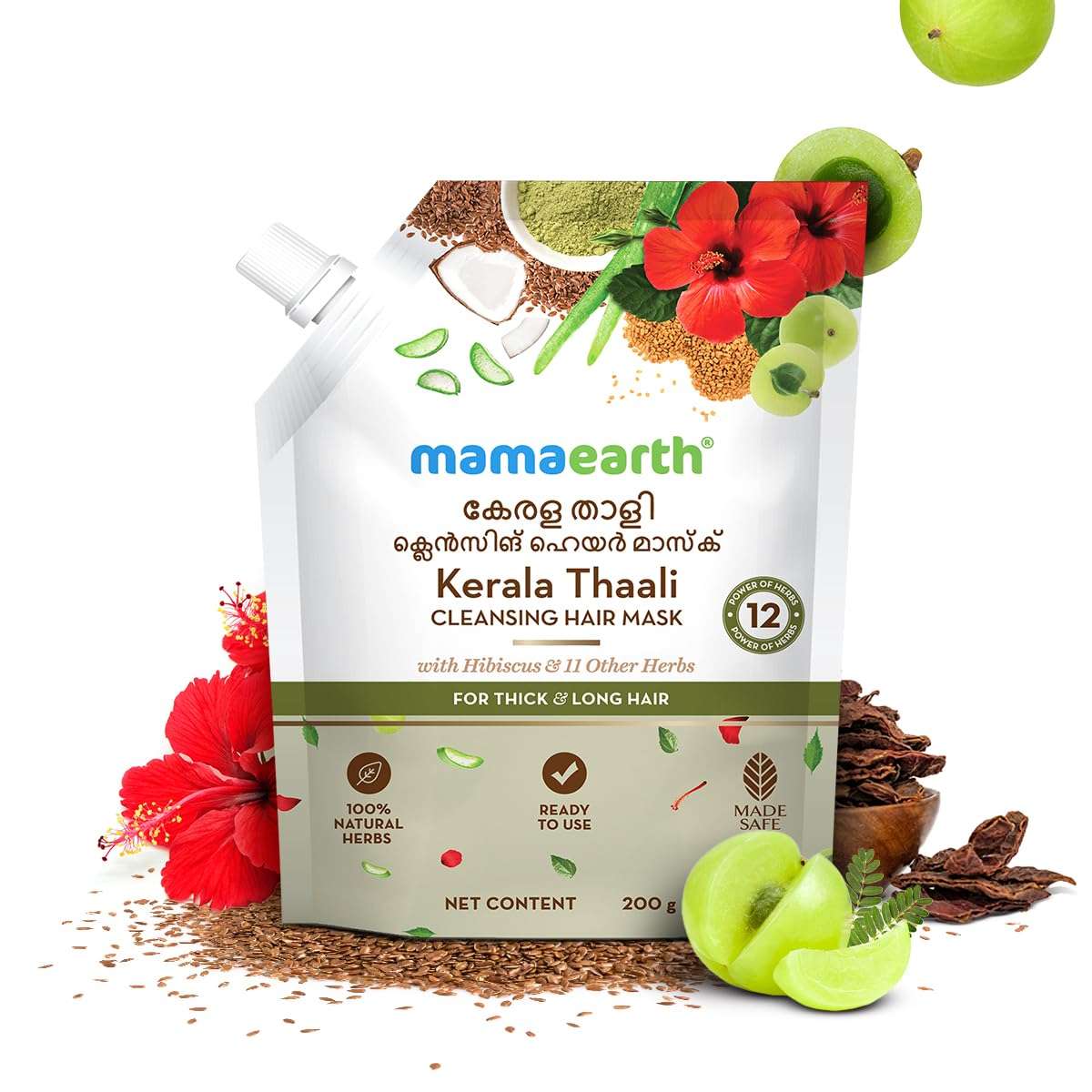Mamaearth Kerala Thaali Cleansing Hair Mask for Thick & Long Hair with Hibiscus, Shikakai, Amla, Flaxseed- 200g | Ready To Use Thali | Gently Cleanses | Adds Shine | 100% Natural Herbs |12 Potent Herbs 3
