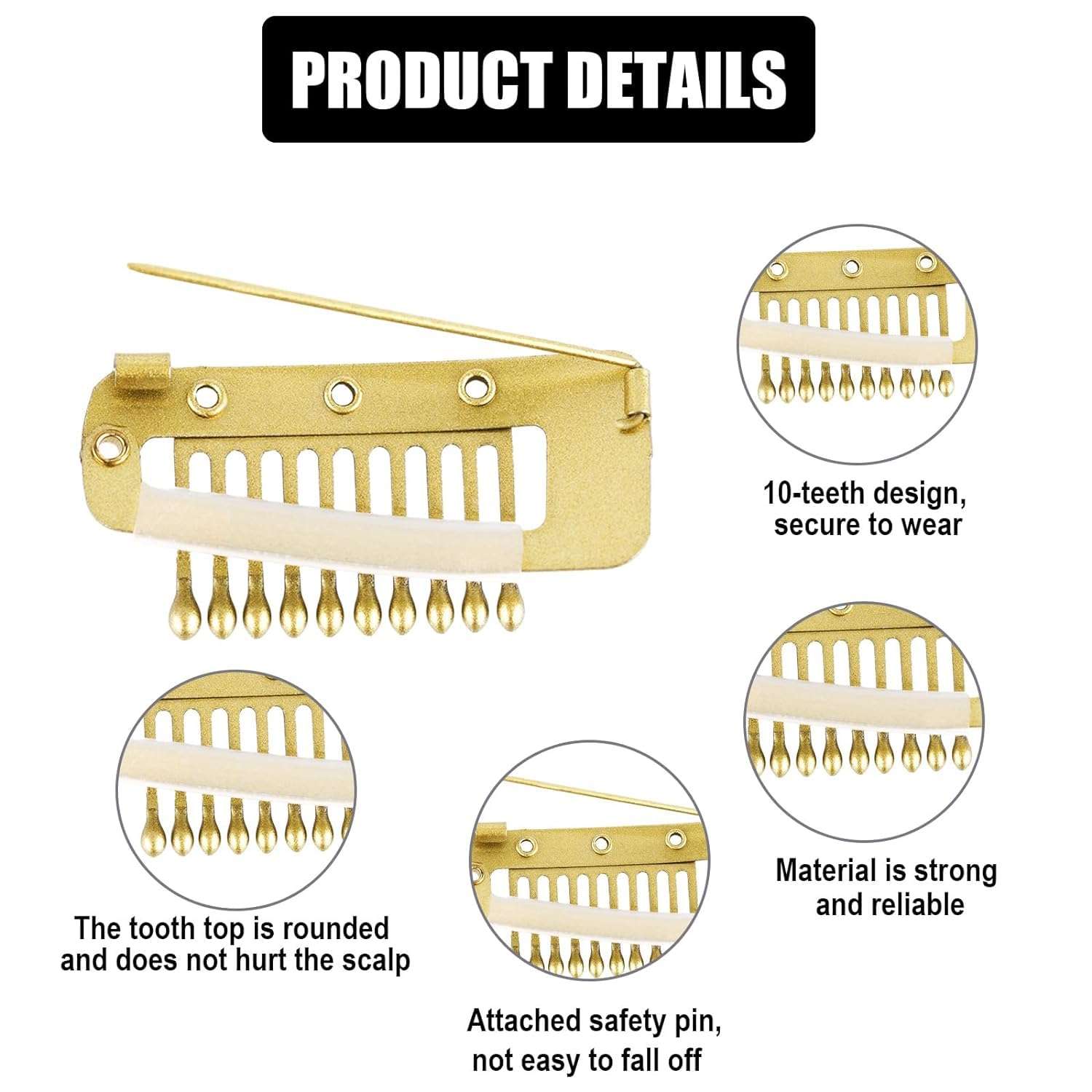 INHEAVEN 12pcs Wig Clip with Safety Pins, 10-Teeth Hair Extension Snap Clips Invisible Strong Wig Combs to Secure Wig No Sew Chunni Grip Dupatta Clips (GOLDEN, 12) 2