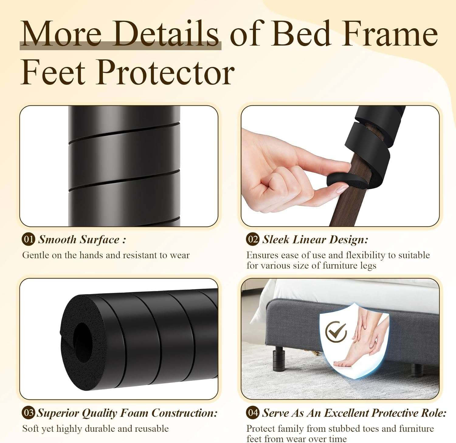 4 Pcs Bed Frame Toe Protectors 6" Bed Frame Leg Covers Feet Protectors to Keep Your Toes from Hard Furniture Legs Corner Guards, No Adhesive or Glue (Black) 5