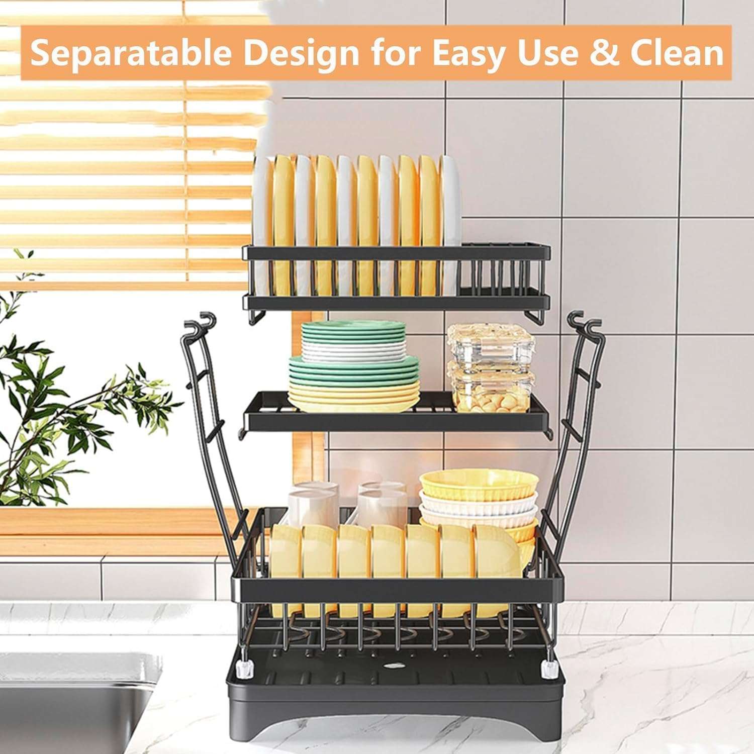 Lucario Dish Drainers Rack with Drip Tray, 3 Tier Large Dish Drying Rack with Draining Board and Cutlery/Holder Over Sink, Dish Dryer Rack for Plate/Utensil on Kitchen Countertop (RACK-358) 5