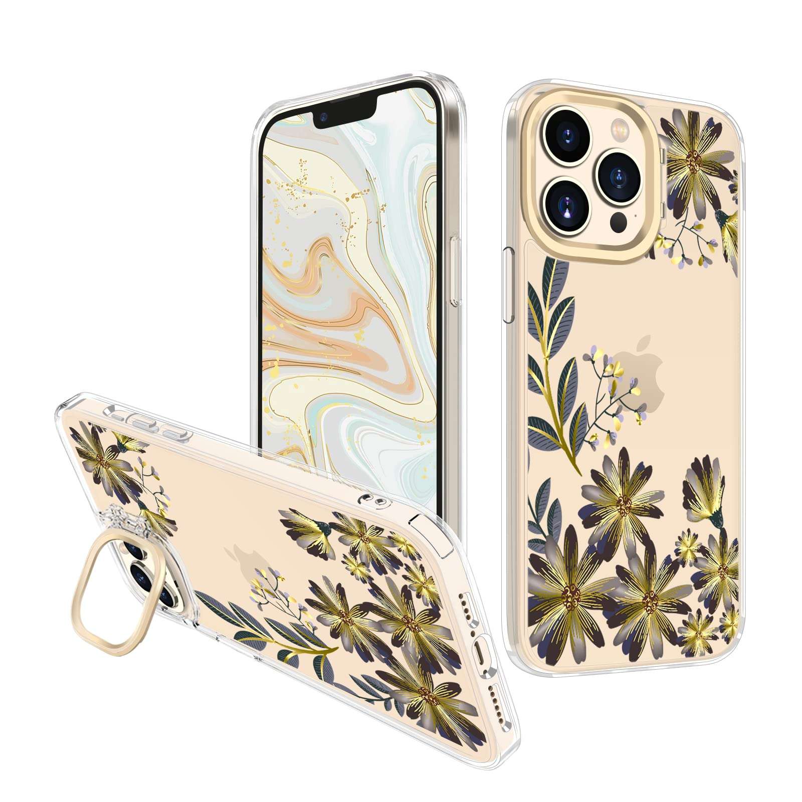 Youica Designed for iPhone 14 Pro Case for Women Girls[Kickstand][Clear Cute Glitter Slim Glod Flower Protective Cover][Military Grade Protection][Shockproof Anti-Scratch] Floral Phone Case 6.1" 1