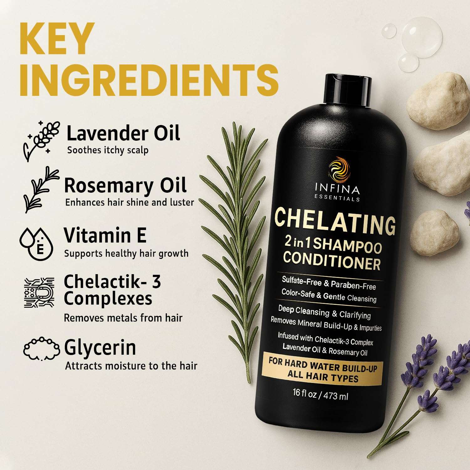 Hard Water Shampoo and Conditioner – 2-in-1 Chelating Cleanser for Buildup Removal, Soft & Shiny Hair – With Chelactik-3 Complex, Amodimethicone & Rosemary Oil – Sulfate-Free - Color Safe – 16 fl oz 3