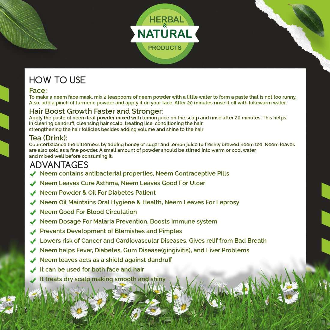 Neem Powder For Skin And Hair/Skin Whitening/Evens Skin Tone/Leaves/Oil Control/Herbal Hair Growth For Men And Women/Pure/Organic/Natural/Diabetes/Eating/Drinking(100 Gram) Leaf 3