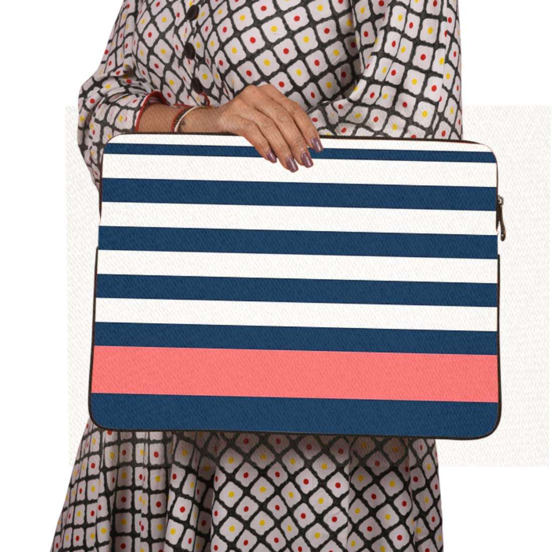 MAUJ White Blue Stripe Canvas Laptop Sleeve for 13.3 4