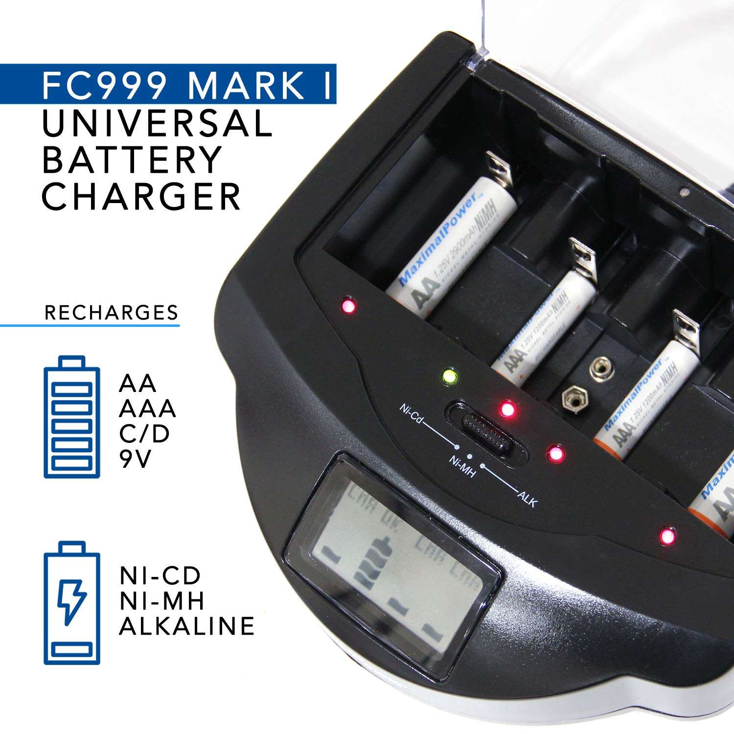 MaximalPower Universal Battery Charger Station for Alkaline, RAM, Ni-MH, Ni-CD, AA, AAA, C, D, 9V Batteries | FC999 Model (Battery Charger) 2