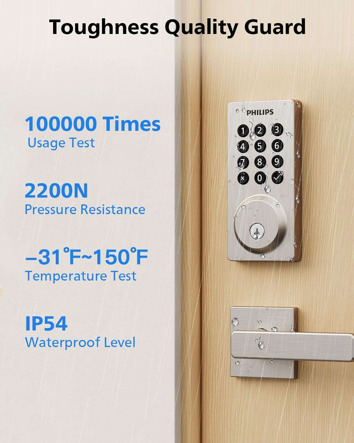 Philips WiFi Smart Door Lock with Handle, Built-in WiFi App Remote Control, Keyless Entry Door Locks for Front Door, Smart Deadbolt Auto Lock, Support Alexa & Google, IP54 Waterproof, Satin Nickel 6