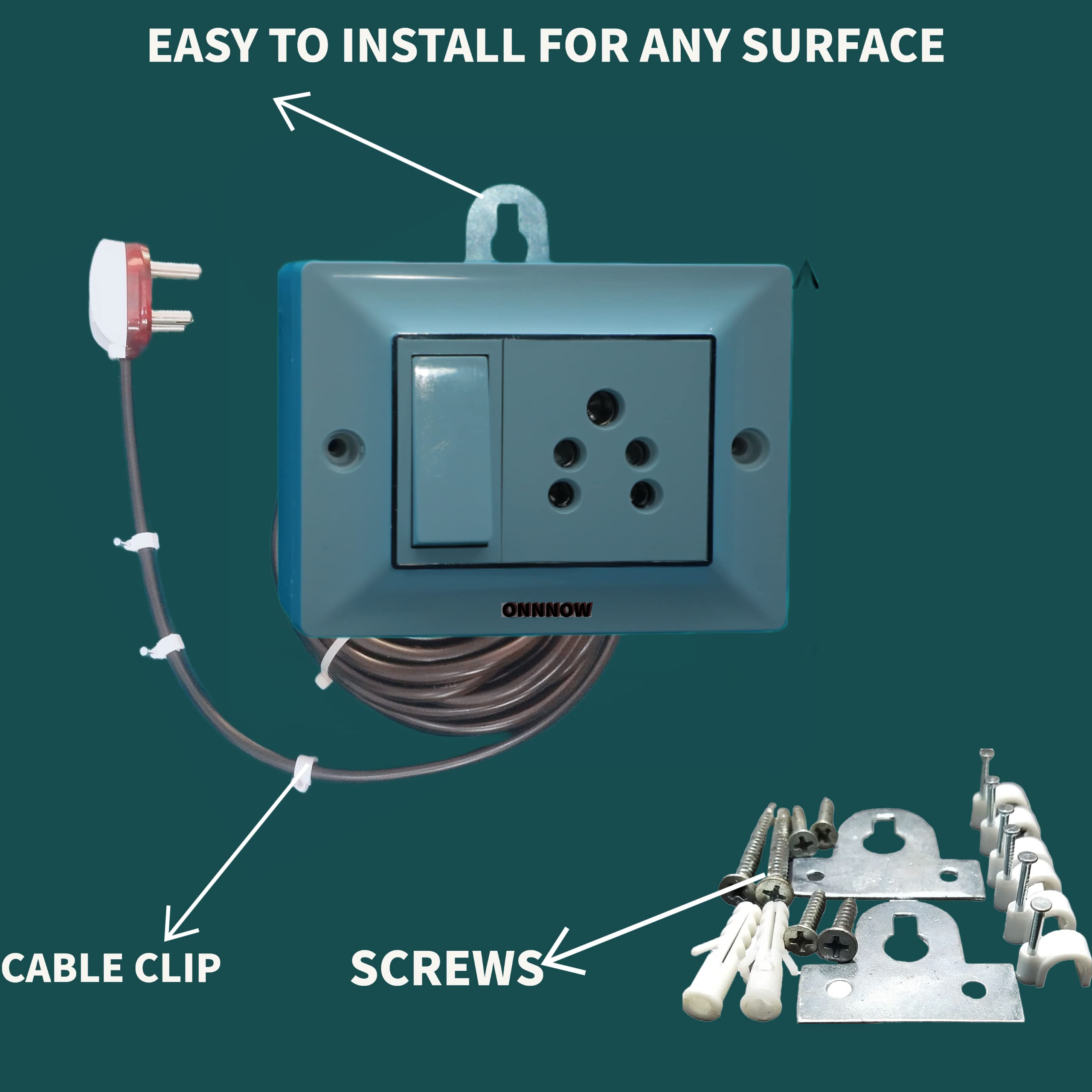 Electric Extension Board with Wall Fixing Clamps,Single Switch+Socket Three Core Heavy Duty Wire Cable Cord and Modular White Box (5 Meter) 3