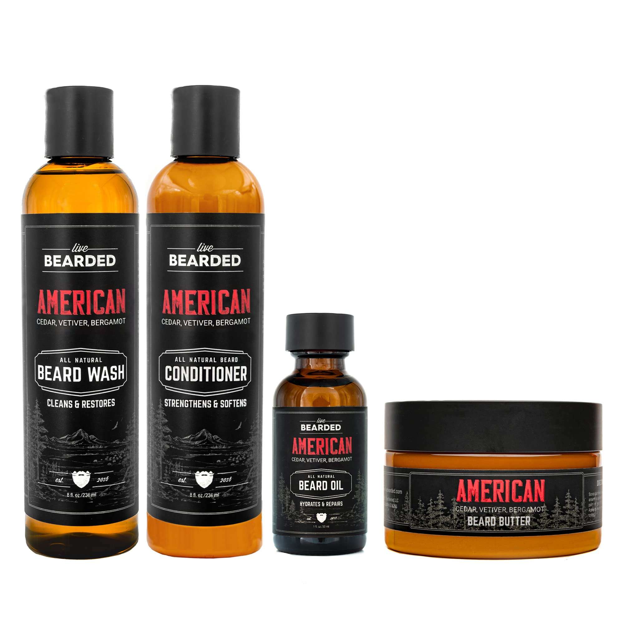 Live Bearded Complete Beard Grooming Kit - Wash, Conditioner, Butter and Oil - Made in the USA with All-Natural Ingredients - Mens Groom Set | American Scent - Cedar, Pine, Vetiver, Bergamont 1
