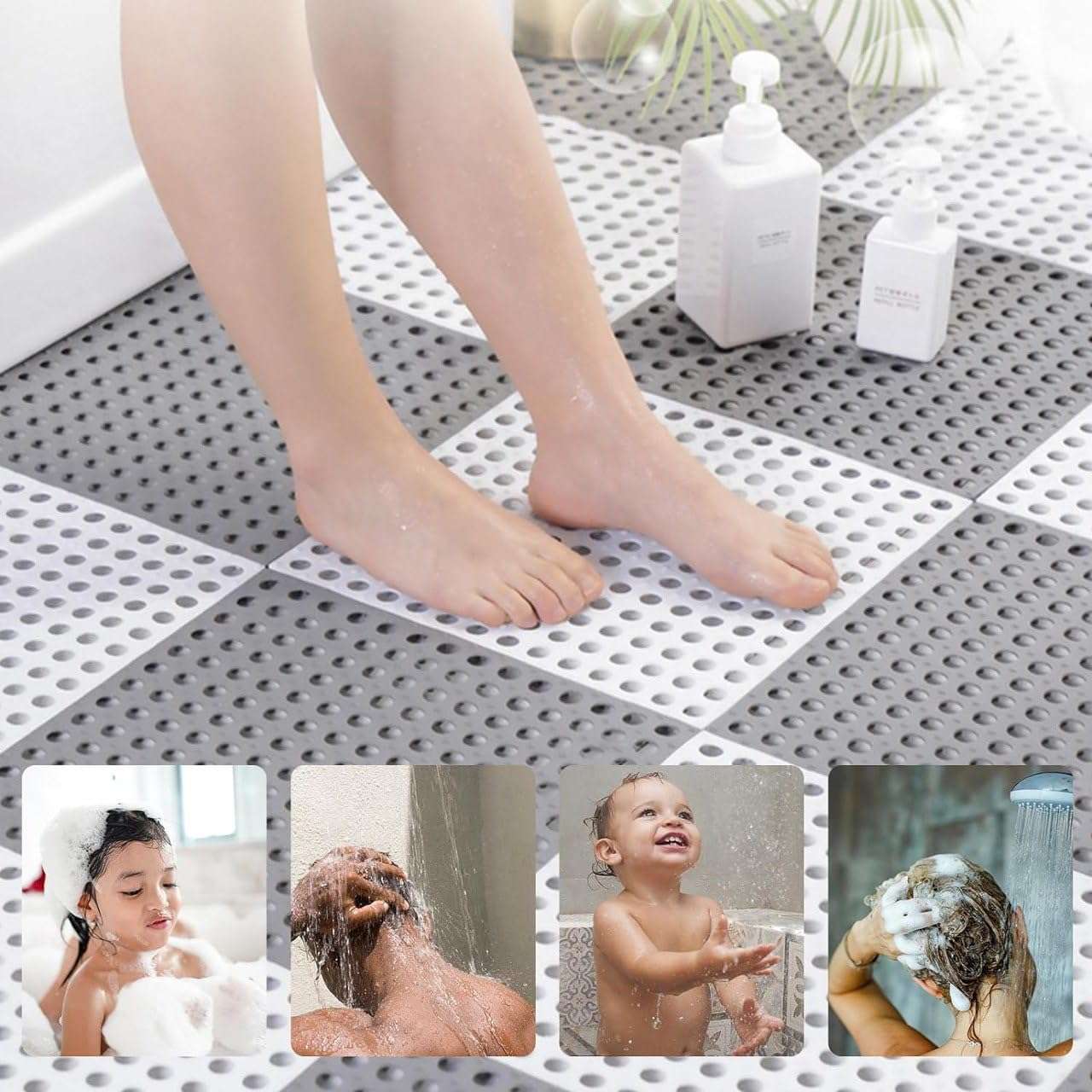 BHRAKUTI Interlocking Non-Slip Drainage Floor Tiles (Pack of 14) - 12x12 Inch Soft PVC Bathroom Mat with Grid Base - Heavy Duty Flooring for Patio, Kennel & Shower (Grey/White) 6