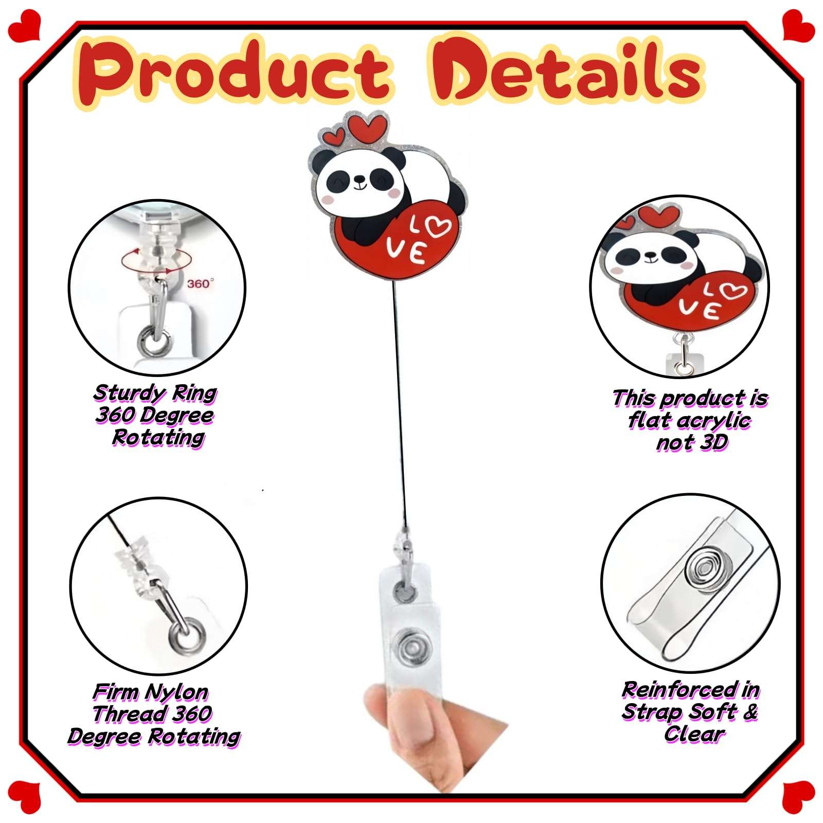 Funny Valentine's Day Badge Reel Retractable with ID Clip for Nurse,Cute Glitter Panda Name Card Tag Holiday Reel Holder for Doctor Teacher Nursing Student RN Alligator Clip Acrylic Accessories Gift 4