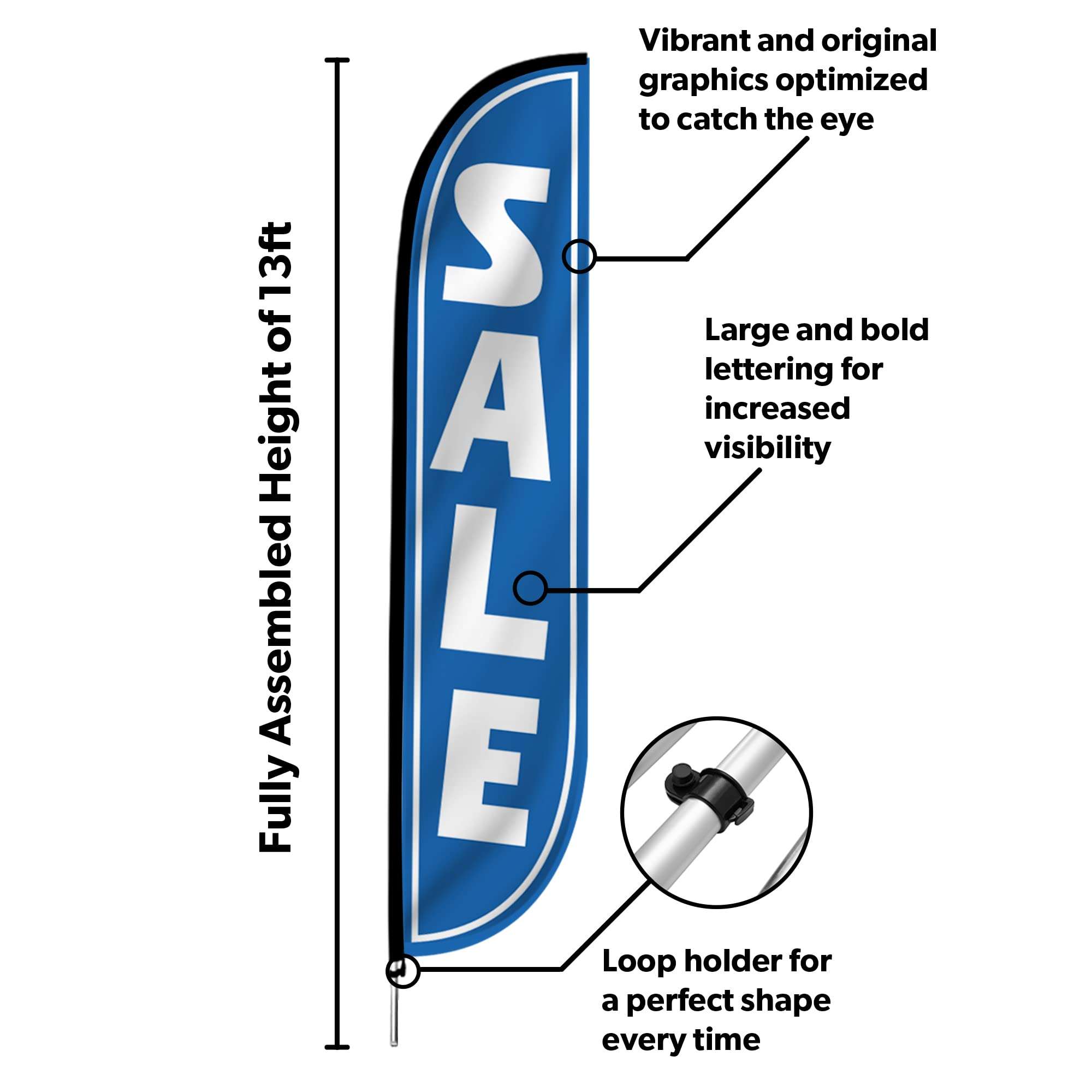 LookOurWay Feather Flag Pole Kit - 12 Feet Tall Advertising Flag Banner with Fiberglass Pole Kit and Ground Spike for Business Promotion - Sale Flag - Sale Blue (10M1200099) 3