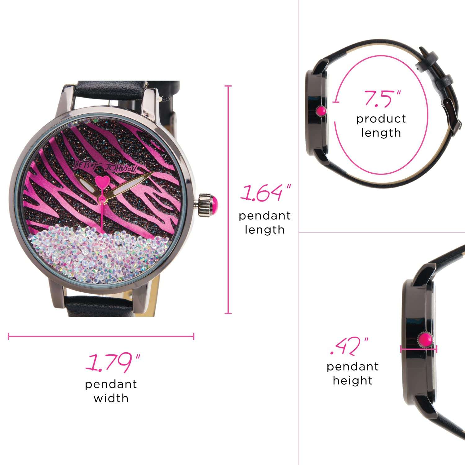 BETSEY JOHNSON Women's Watch - Vegan Leather Strap Glitter Wristwatch, Quartz Movement: BJW044, Size One Size, Pink Zebra 5