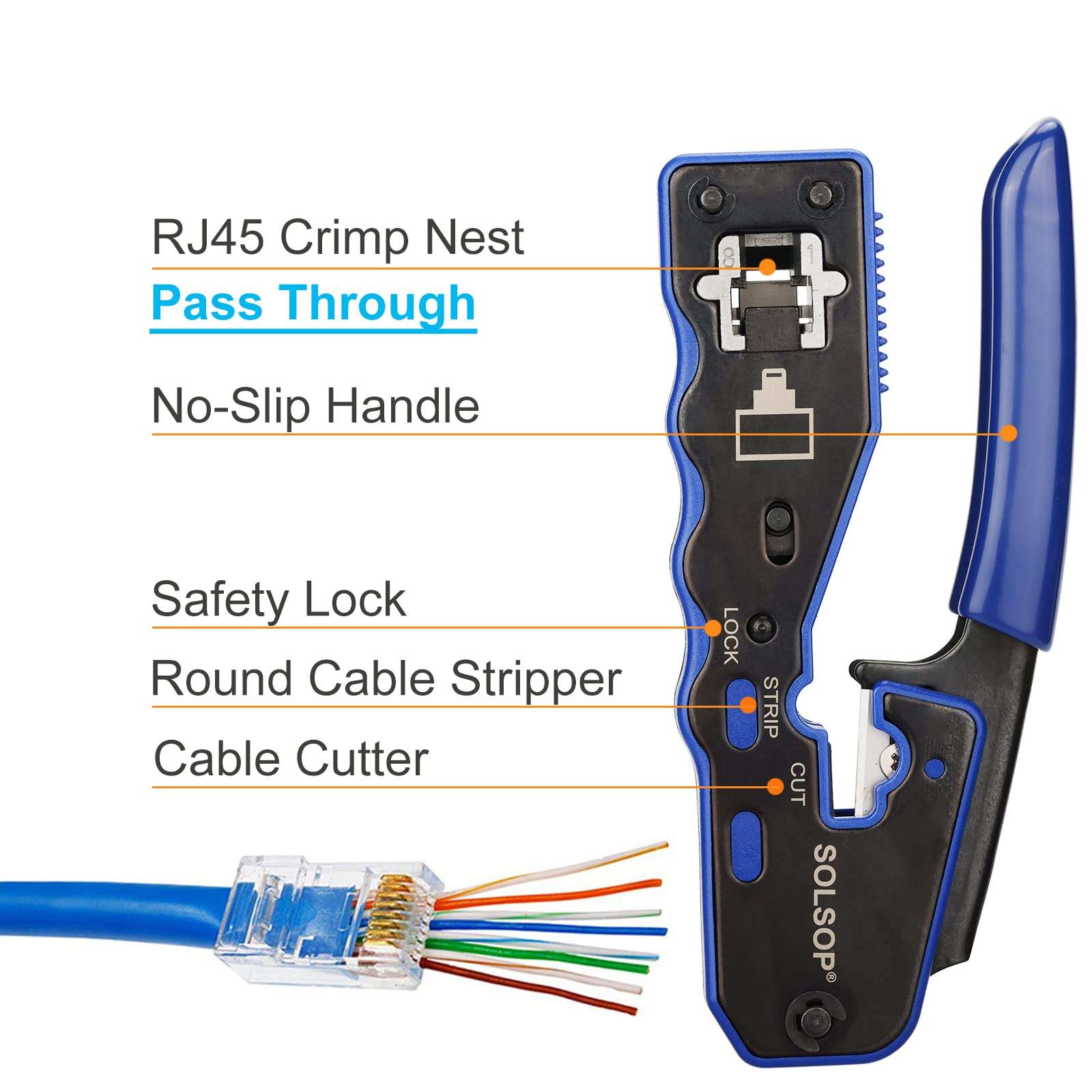Solsop Network/Phone Cable Tester RJ45 Crimp Tool Pass Through Modular CAT6 Crimping Tool Kit, 50PCS CAT6 Pass Through Connectors, 50PCS RJ45 Boots, Mini Wire Stripper, Wire Cutter plier 4