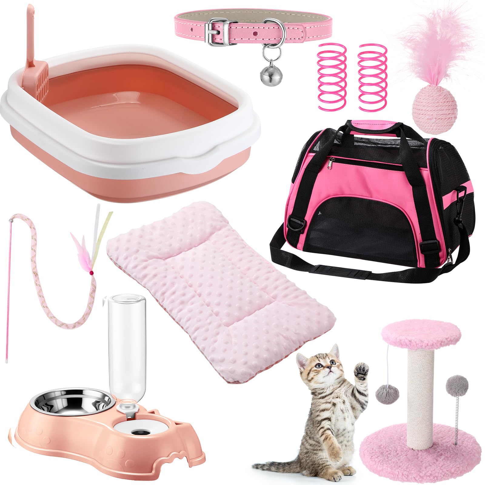 Aliceset 10-in-1 Pink Kitten Cat Starter Kit Essentials for Indoor Kittens Including Pink Cute Litter Box, Auto Feeder, Breathable Carrier, Bed, Toys & More Ideal for New Cat Owners