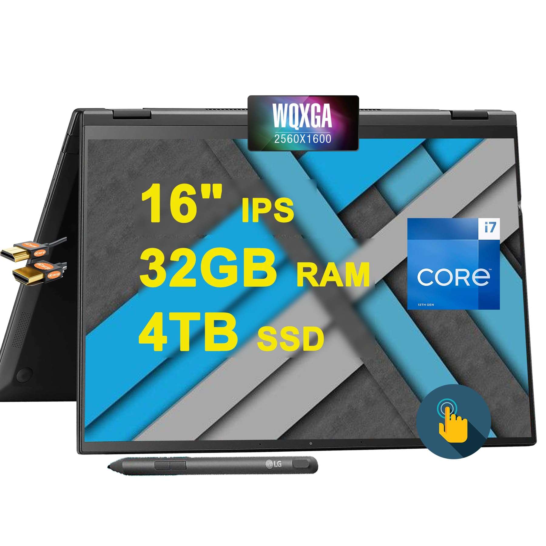 LG Gram 16 Ultra-Thin 2-in-1 Laptop 16" WQXGA IPS Anti-Glare Touchscreen Intel 12-Core i7-1360P 32GB RAM 1TB SSD Backlit Thunderbolt4 FHD IR Webcam Long-Lasting Battery w/Pen Win11 w/ICP Accessory 1