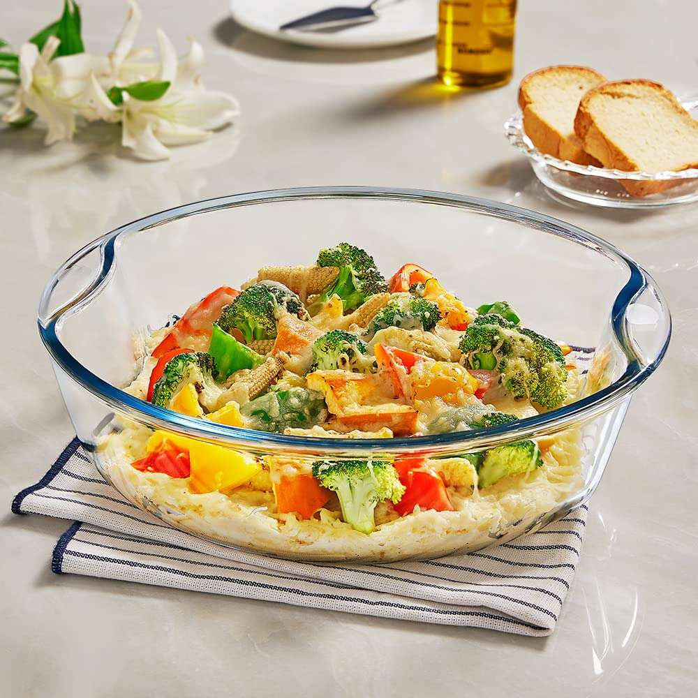 Borosil Glass Mixing & Serving Bowls, Oven & Microwave Safe Bowl, 2.5 L, Borosilicate Glass, Clear & Borosil Round Glass Baking Dish, 2.5 L, Microwave Safe & Oven Safe, Transparent, 1 Piece 6