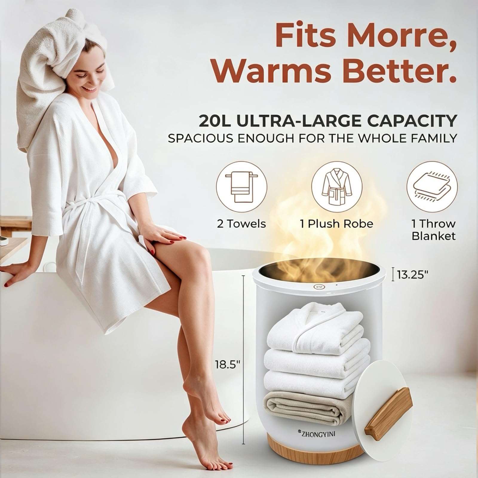CNZHONGYINI Luxury Towel Warmer Bucket, Large Towel Warmers for Bathroom,Auto Shut Off, Fits Up to Two 40"X70" Oversized Towels, Bathrobes, Blankets, PJ's and More 6