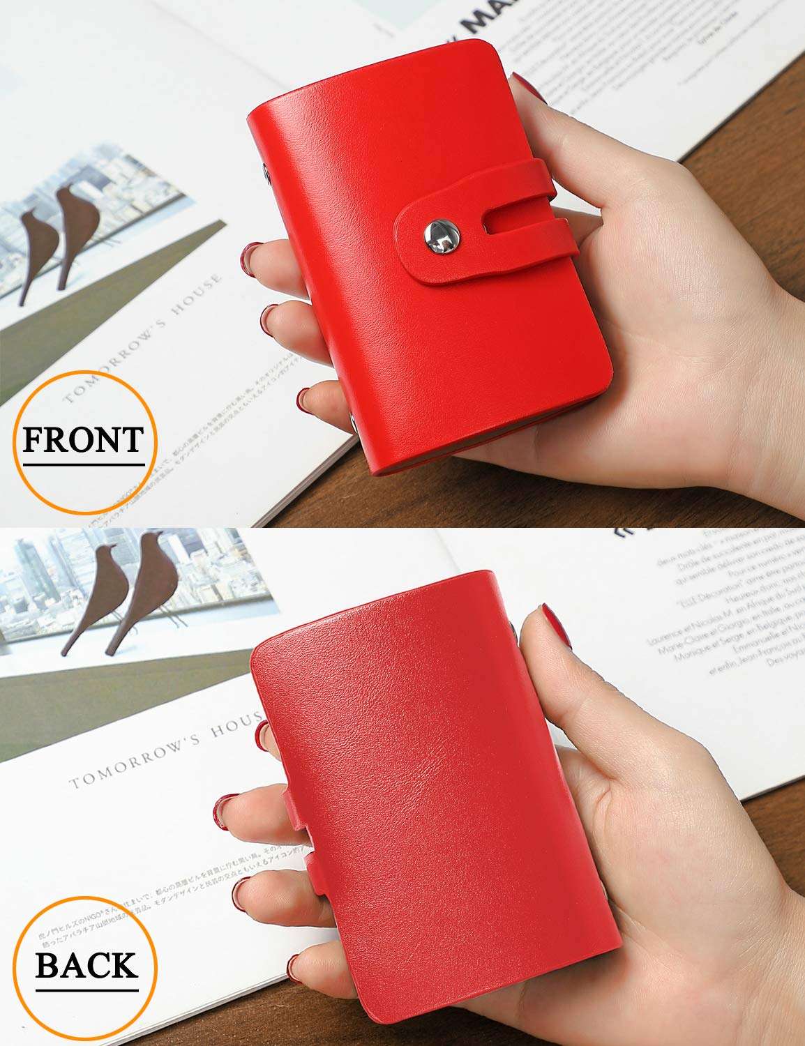 Leather Business Card Organizer, RFID Credit Card Holder with 26 Card Slots, Portable Business Card Holder and Credit Card Organizer for Carrying Business Cards or Credit Cards with You (Red) 4