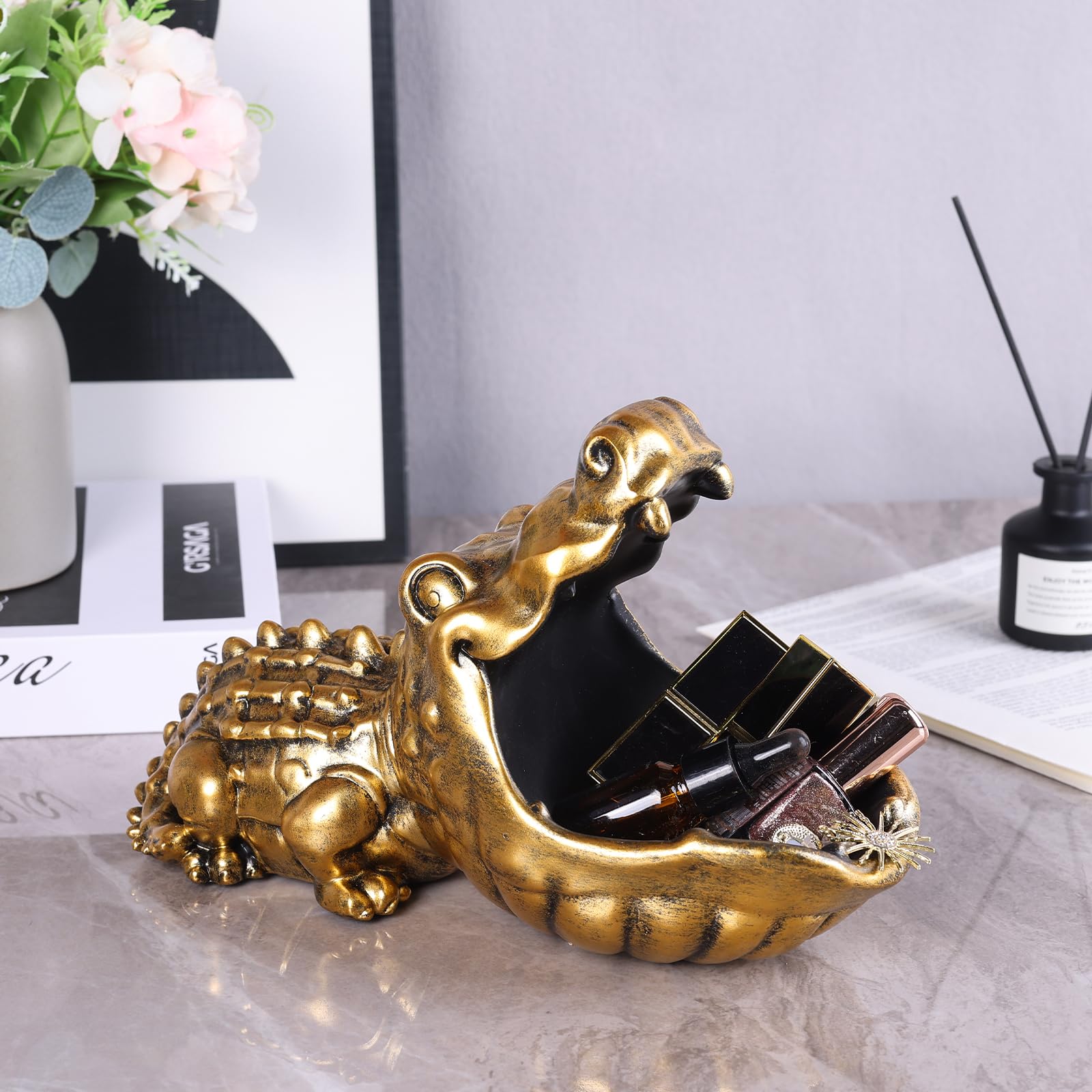 oliruim Alligator Statue Key Bowl, Fun Animal Statue Candy Dish for Entryway Decorative Bowl, Office Candy Dish, Big Mouth Sculpture Home Living Room Trinket Container Storage Box (Gold) 3