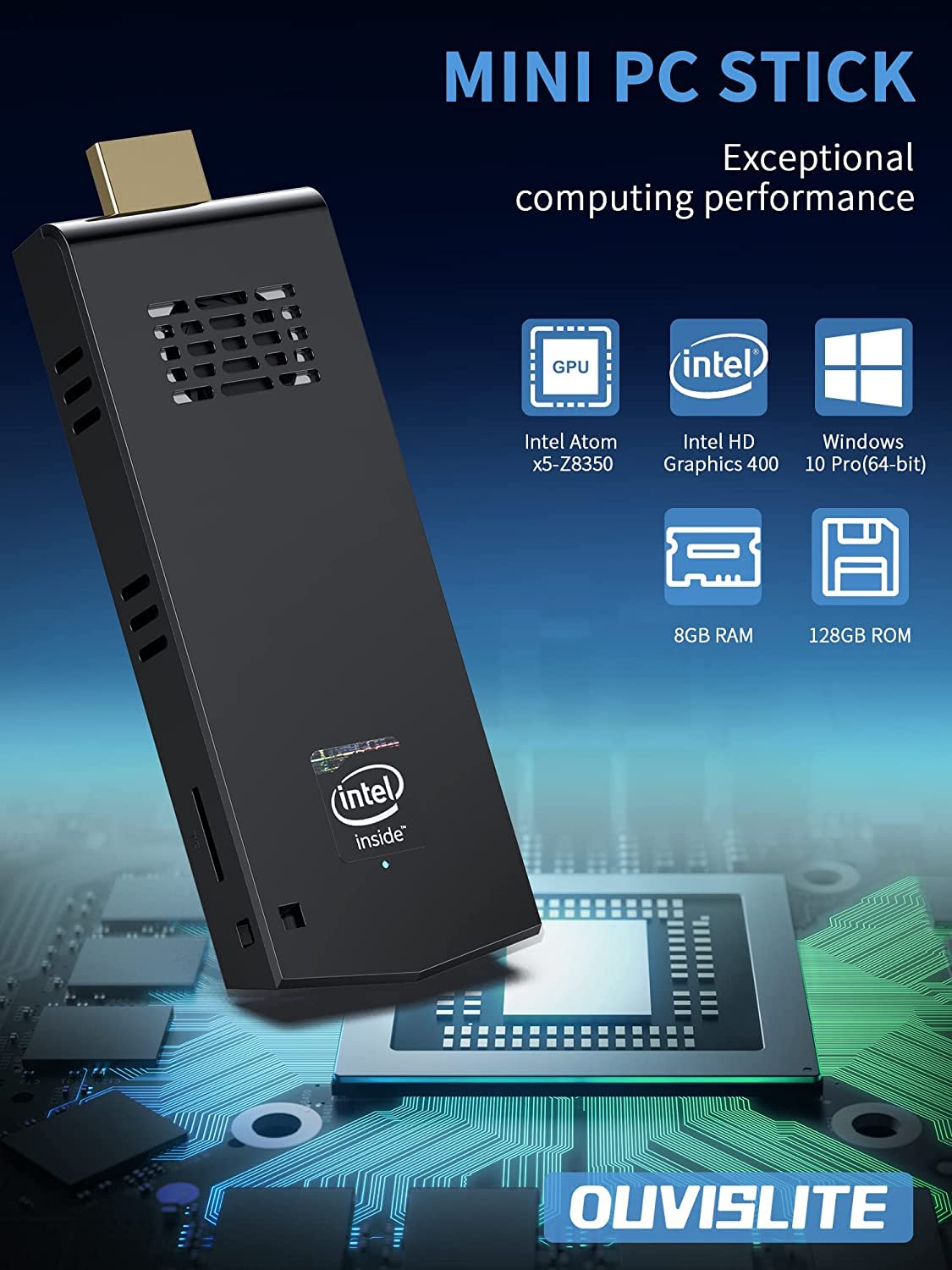 OUVISLITE Mini PC, Mini PC Stick 8GB RAM 128G ROM Atom X5-Z8350 Mini Computer Stick Win 10 Pro PC Stick 4K HDMI 2.4G / 5G WiFi Bluetooth 4.2 Auto Power On Business Office Home Theater 3