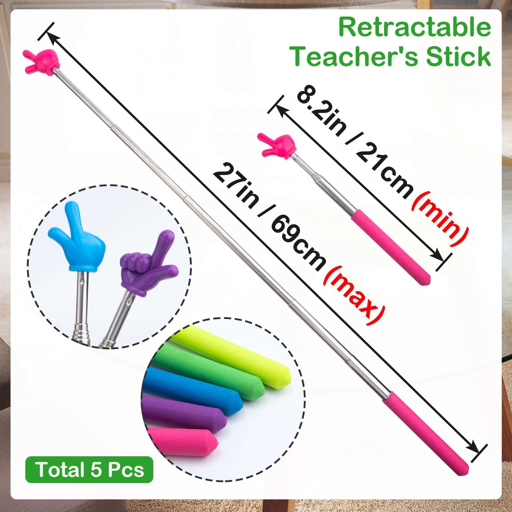PAGOW 5 Pcs Retractable Teacher Pointer Sticks, 5 Colors Hand Pointer Stick, Student Finger Pointing Sticks, Extendable School Supplies for Reading, Classroom (Blue+Purple+Yellow+Green+Pink) 3