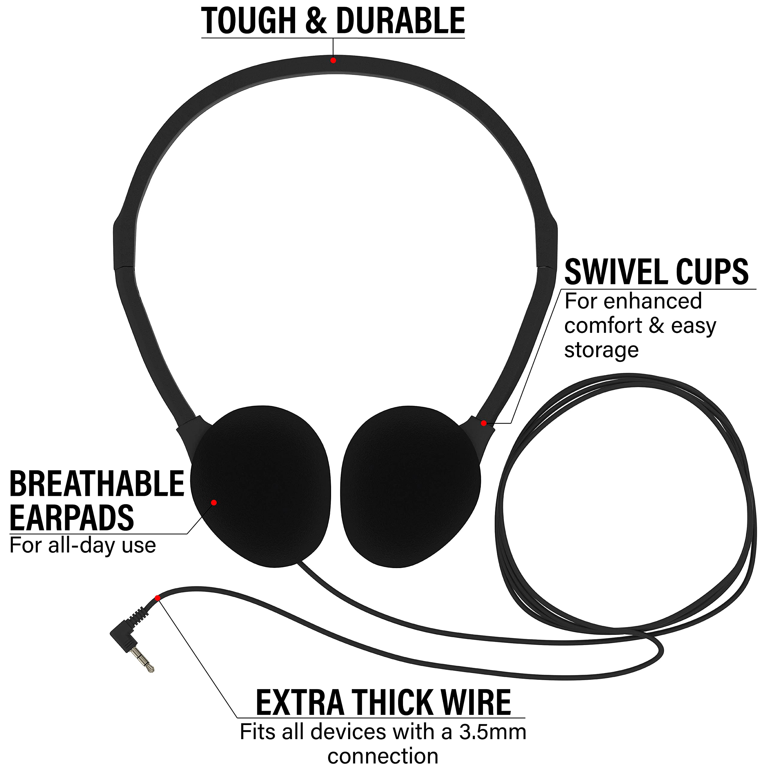 Maeline Bulk On-Ear Headphones with 3.5 mm Headphone Plug - 10 Pack Wholesale Bundle - Multi Color 4