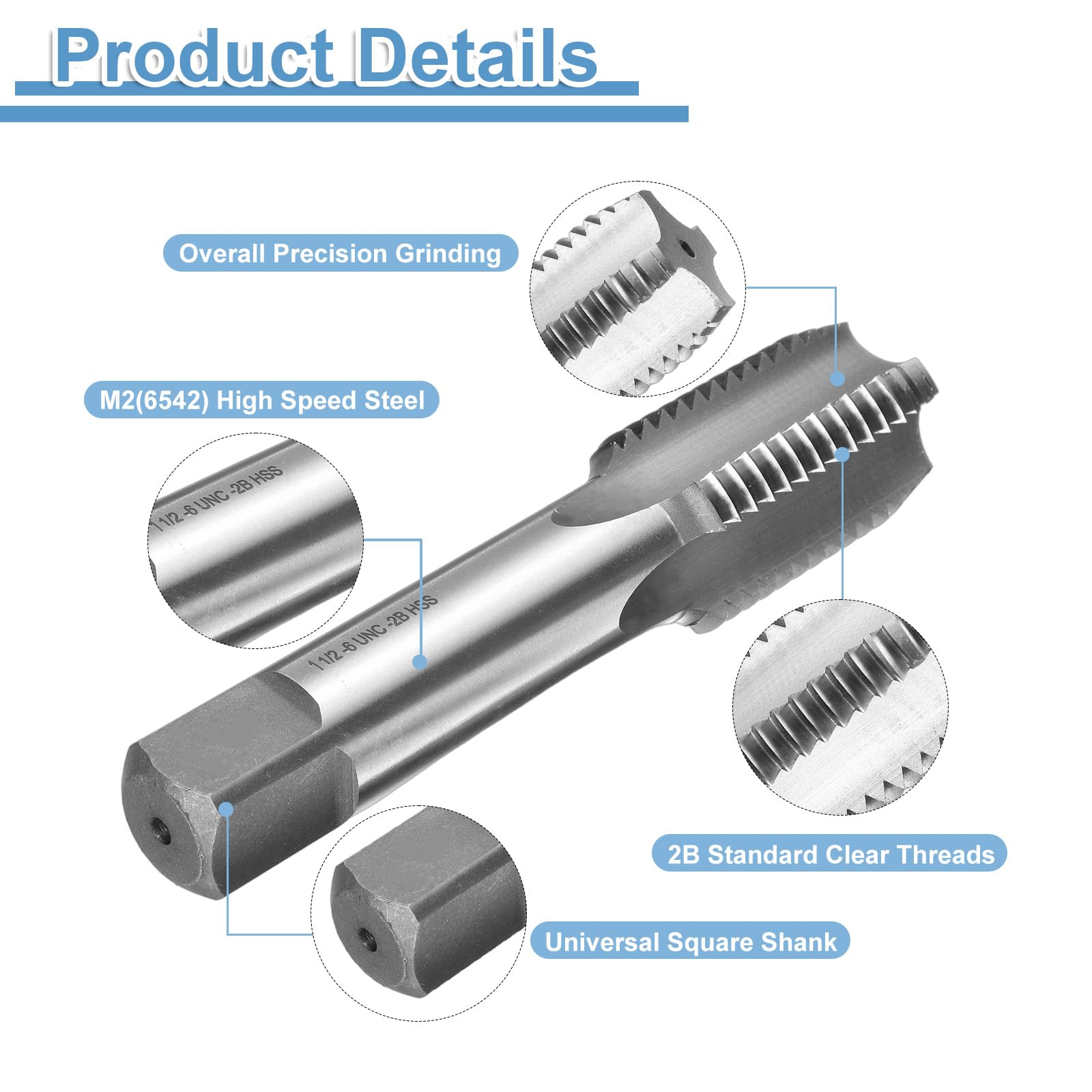 uxcell Hand Bottom Tap 1-1/2-6 UNC 2B Thread Bottoming Style Threading Taps High Speed Steel HSS6542 Straight Flutes Screw Tapping Tool 5