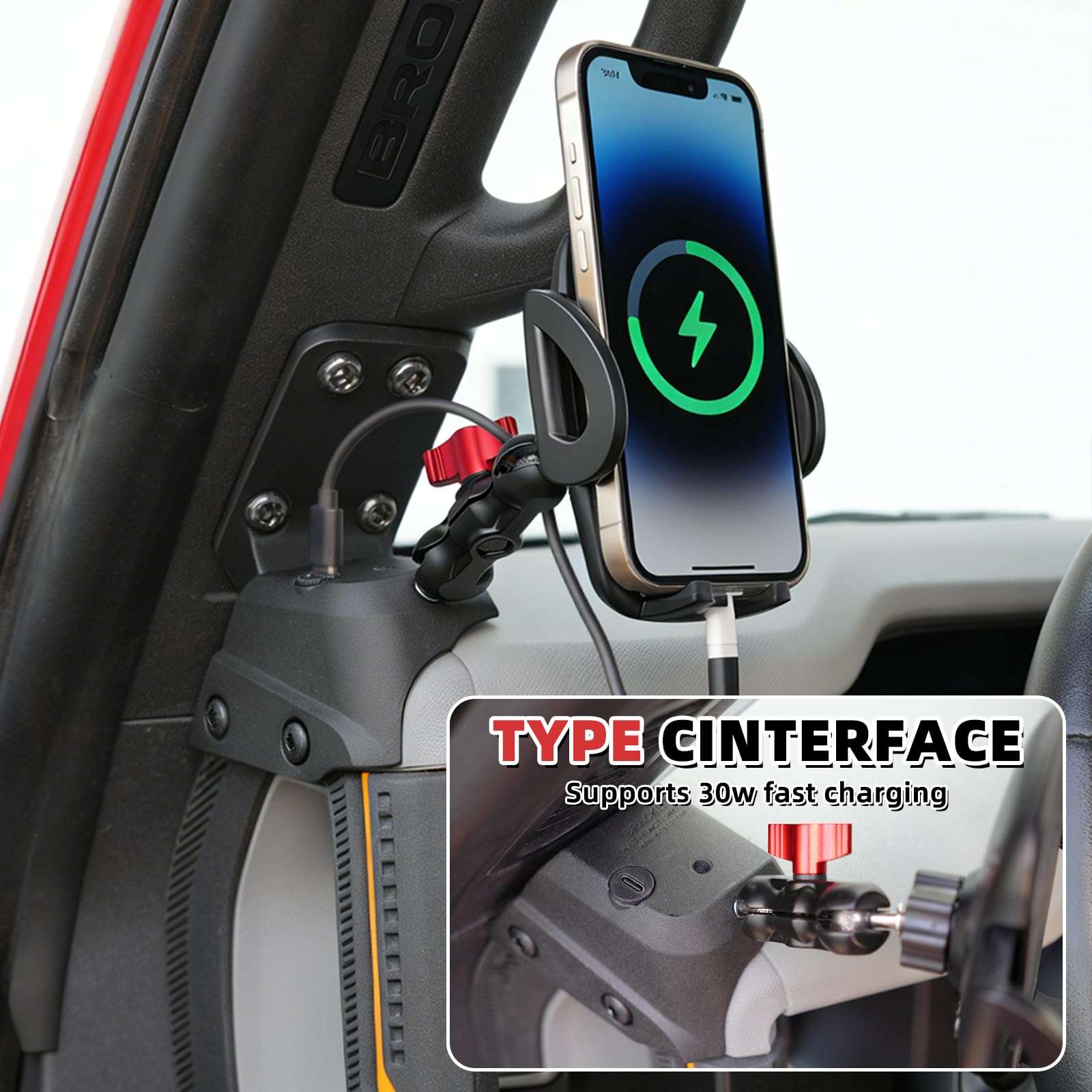 Aigmux Phone Holder with Charging C Port for Ford Bronco 2021 2022 2023 2024 2025, Adjustable Angle 360° Phone Holder for Bronco Accessories (with Charging Stand) 4