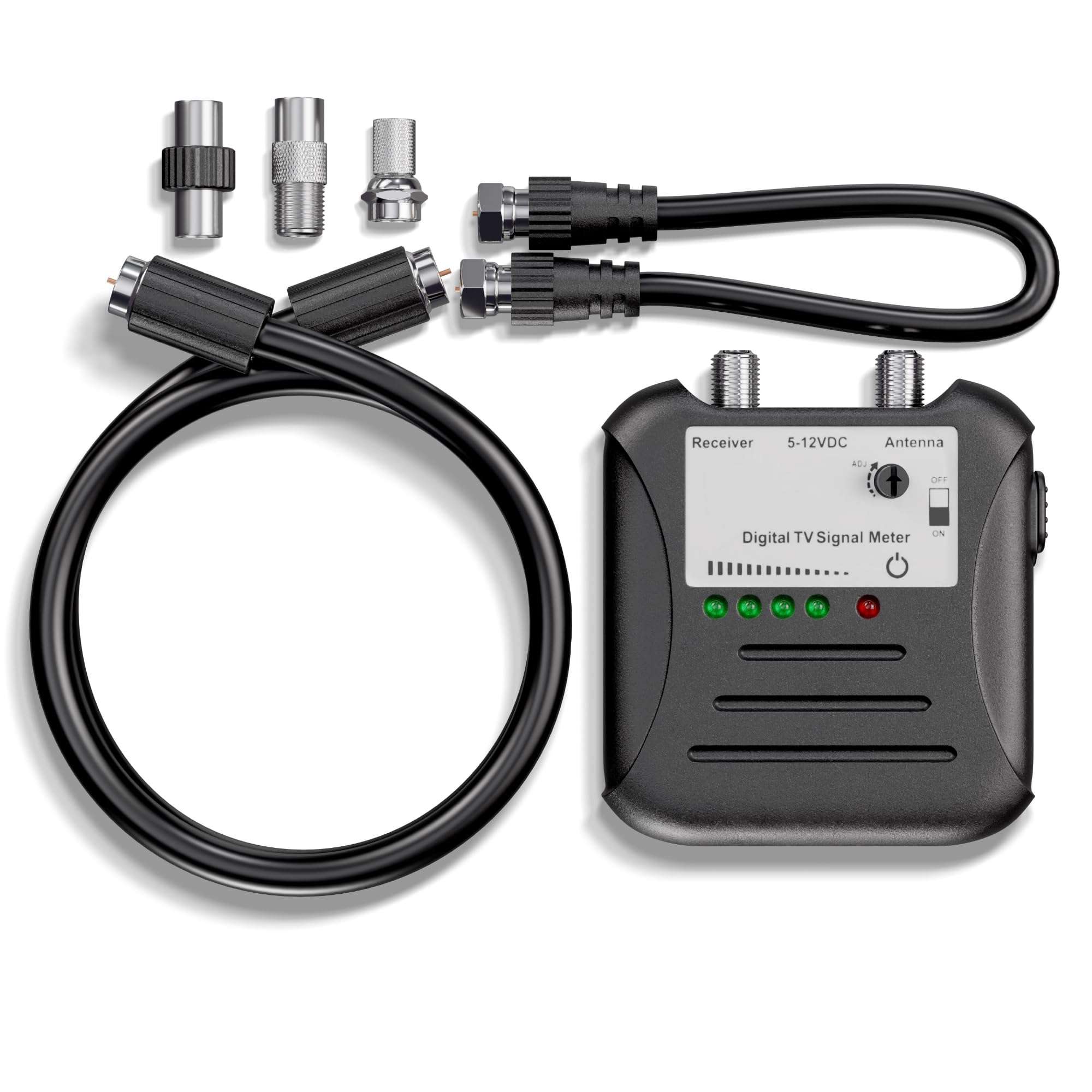 THE CIMPLE CO Signal Strength Meter, LED Indicators, for RV's and Over-The-Air Antennas, Sensitivity Adjuster, TV Antenna Finder, with Coax, Black 1