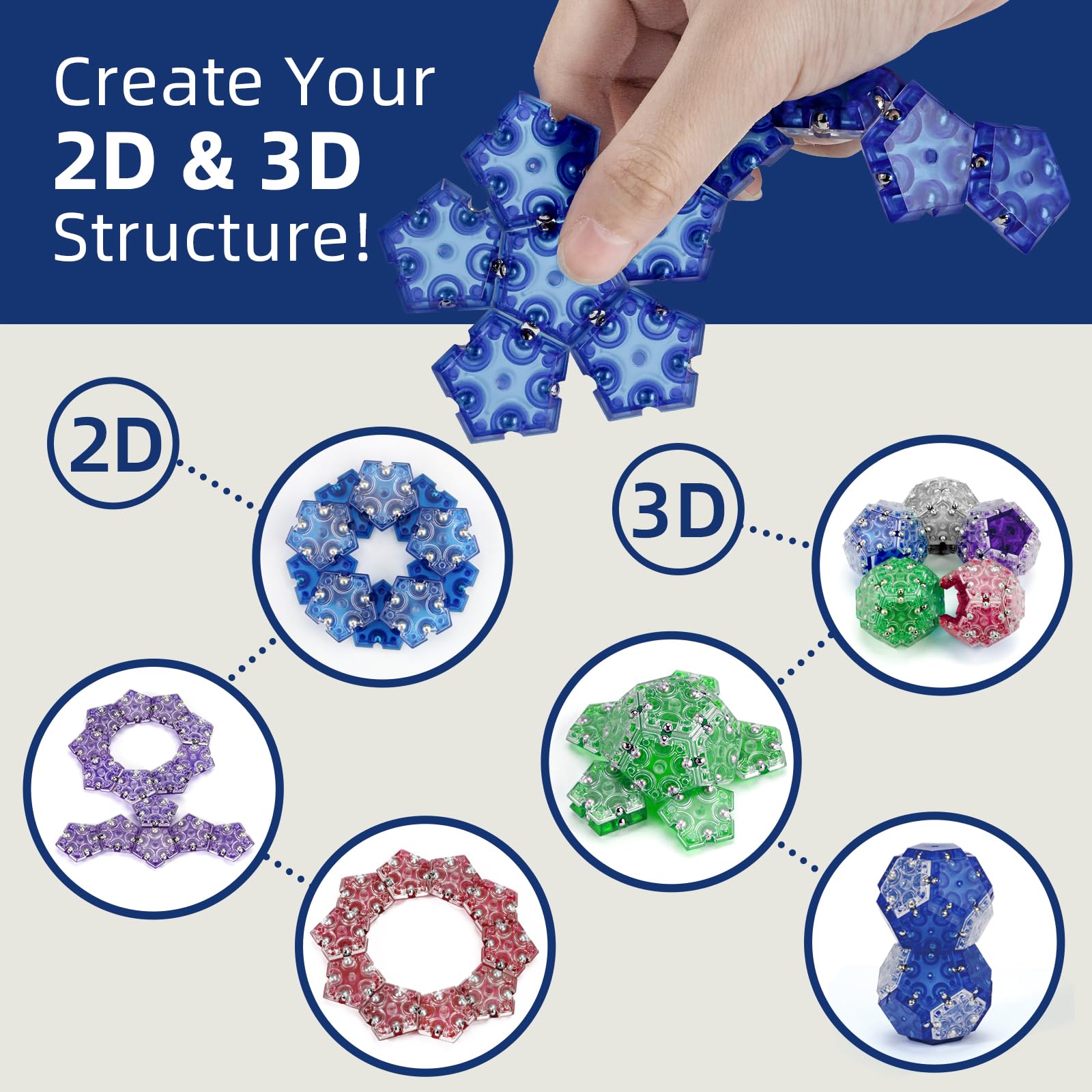 AIQI 14-Piece Set Magnetic Fidget Sphere Pentagons - Building Blocks Magnetic Stress Relief Desk Magnet Toys for Relaxation and Focus (Blue) 6