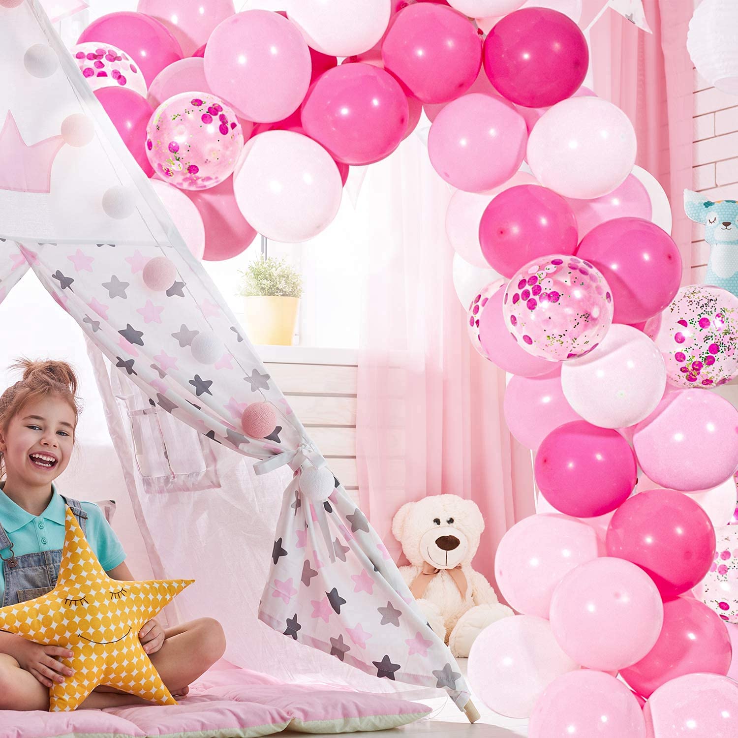 Dark Pink Theme Birthday Party/Balloon Garland Decorations For Kids – 90 Pcs Combo – Light pink, Dark Pink, White Balloons, Rose gold Confetti Balloon – Party decoration 6