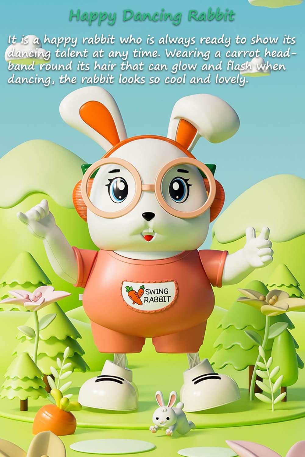 Miracland Big Eyes Rabbit Musical Toy for Kids, Lovely Dancing Rabbit Toy Baby Rabbit Music Toy Crawling Toy for Toddlers with Cool Lights & Dynamic Music| Legs Move Sideways| Body Twist (Blue) 3