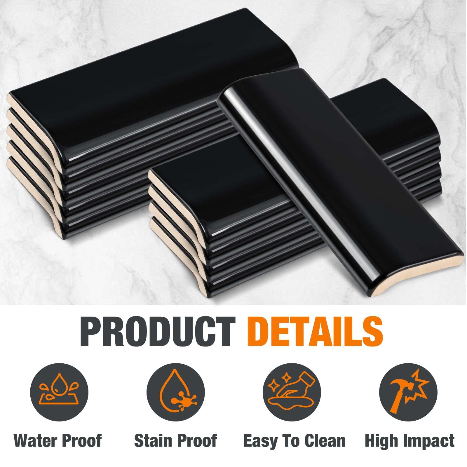 Maasechs 10 Pcs 2 x 6 in Ceramic Tile Bull Nose Trim Edge Glossy Subway Wall Trim Tile for Finishing in Bathroom Kitchen Backsplash and Shower Walls (Single-Sided Arc,Black) 4