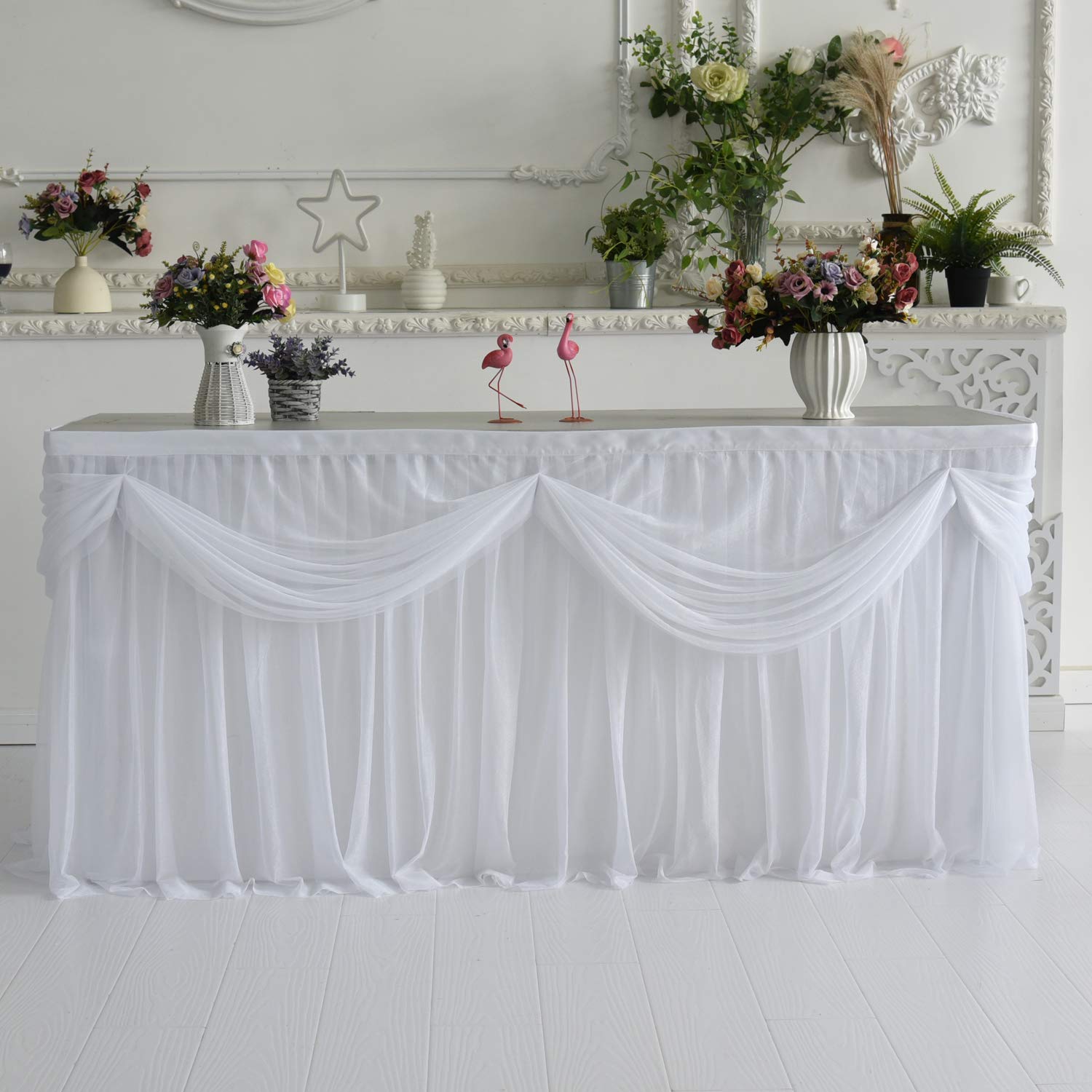 6FT White Tulle Table Skirt Tutu Table Skirting With Satin Double Drape for Rectangle Table or Round Table for Wedding,Birthday Party,Baby Shower (L72inH30in) 4