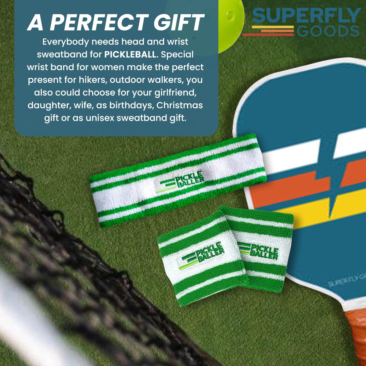 Super Fly Goods Sweatbands Pickleball Golf Tennis 1 Headband 2 Sweat Bands in Set Great Gift or for Your Sports or Team (Pickleball Head & Wristband Set) 5