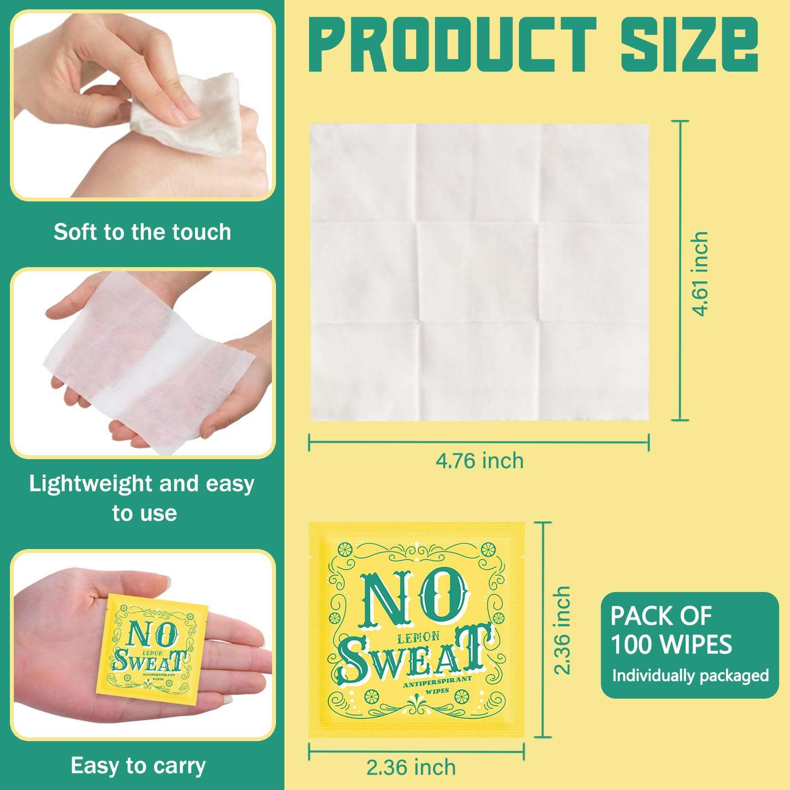 BUAEL 100 pieces of antiperspirant deodorant wipes and body wipes individually wrap underarm underarm sweating Lemon and travel to clean skin for female male teenagers 3