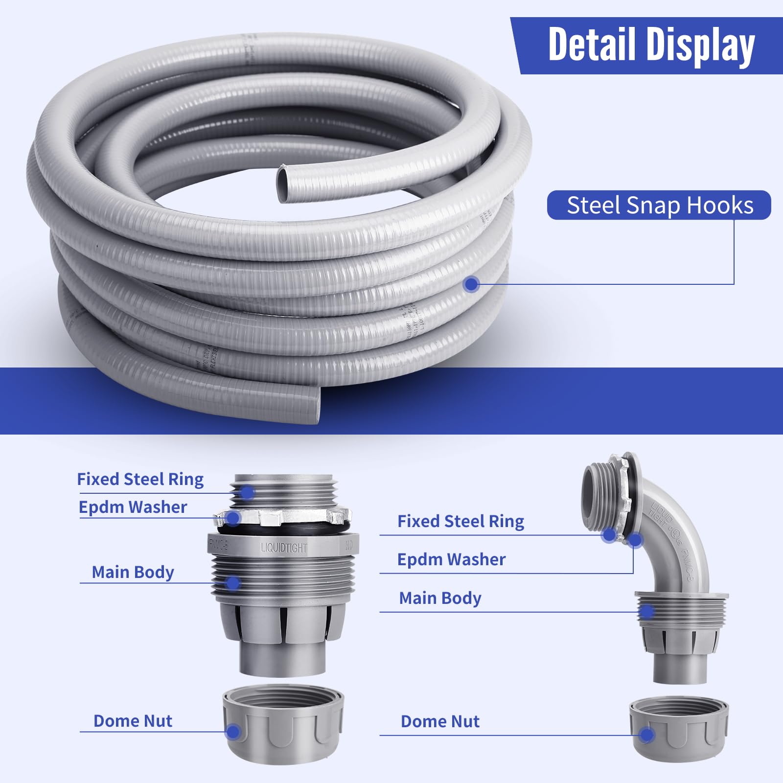 AISIMEE Liquid Tight Conduit 1/2inch 25FT,Flexible Non-Metallic Liquid Tight Flex Electrical Conduit and Connector Kit with 5 Straight and 3 90-Degree Conduit Connector Fittings 6