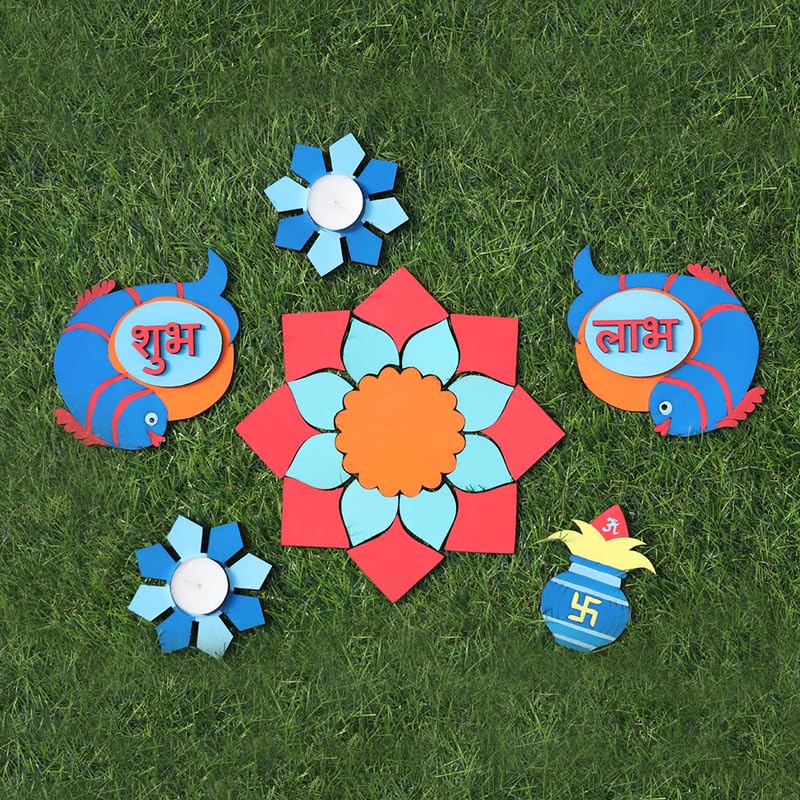 Curious Button Unfinished Wooden Cutout kit for Diwali Decoration, Painting, DIY Projects | One Rangoli, 2 Subh Labh Cutout, 2 Tealight Candle Holder and One Kalash 4