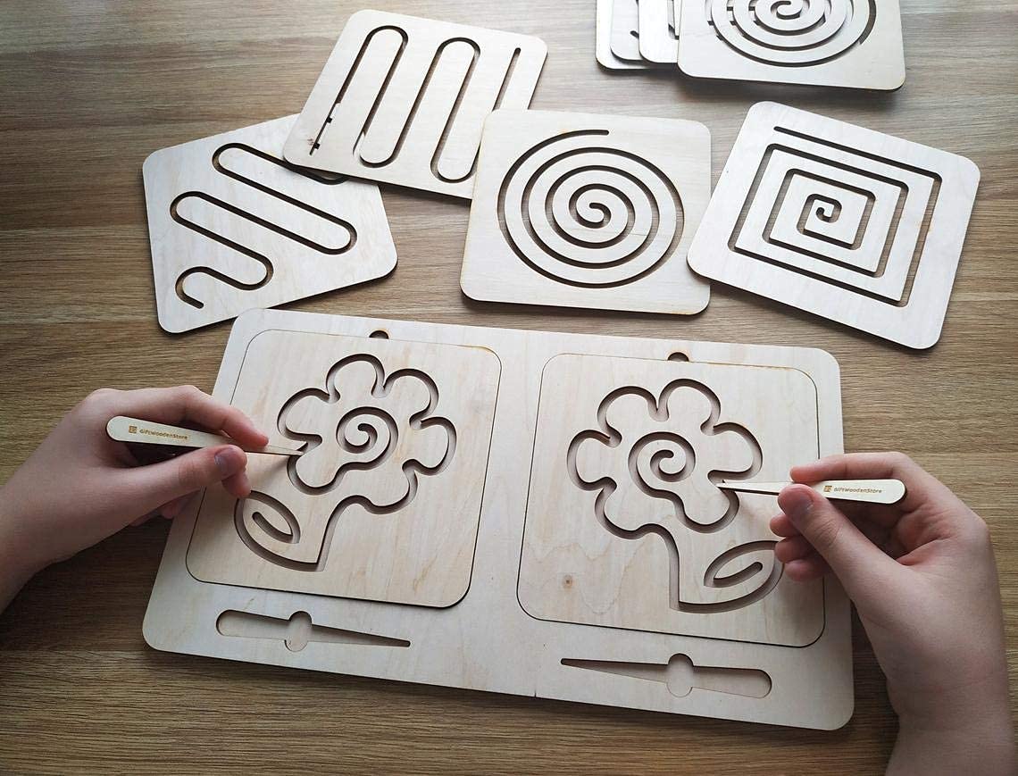 Whittlewud Pack Of 1 Montessori Material Wooden Tracing Board, Writing Skills Stencil Set, Interhemispheric Board, Preschool Educational Toy Learning To Write Lines & Shapes - Kids 1