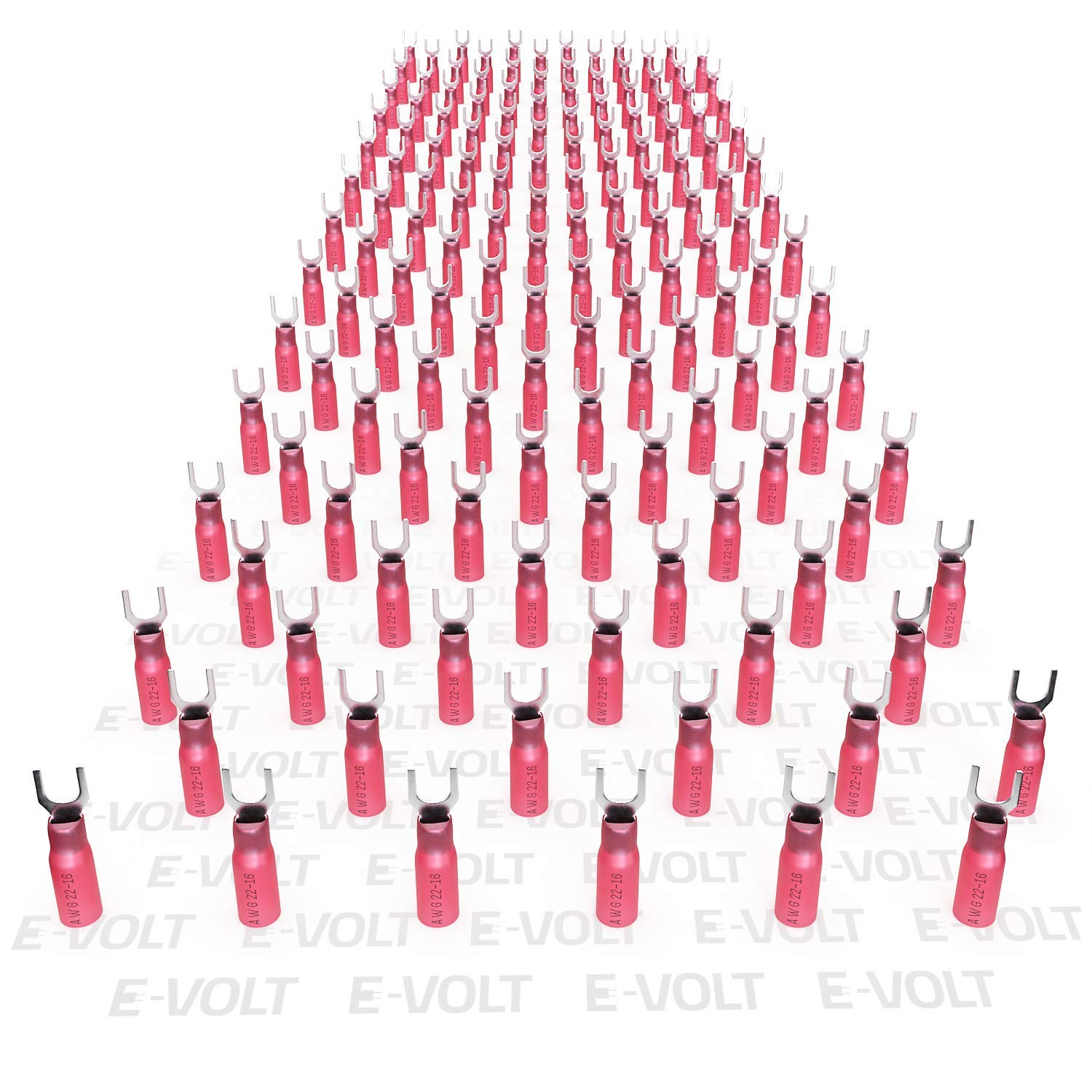 E-VOLT 150 Fork Crimp Connectors – 3:1 Adhesive Heat Shrink Red Crimp Terminals for 22 20 18 16 Gauge Wires – Industrial Grade Insulated Wire Crimps for Marine, Automotive and Audio Use 3