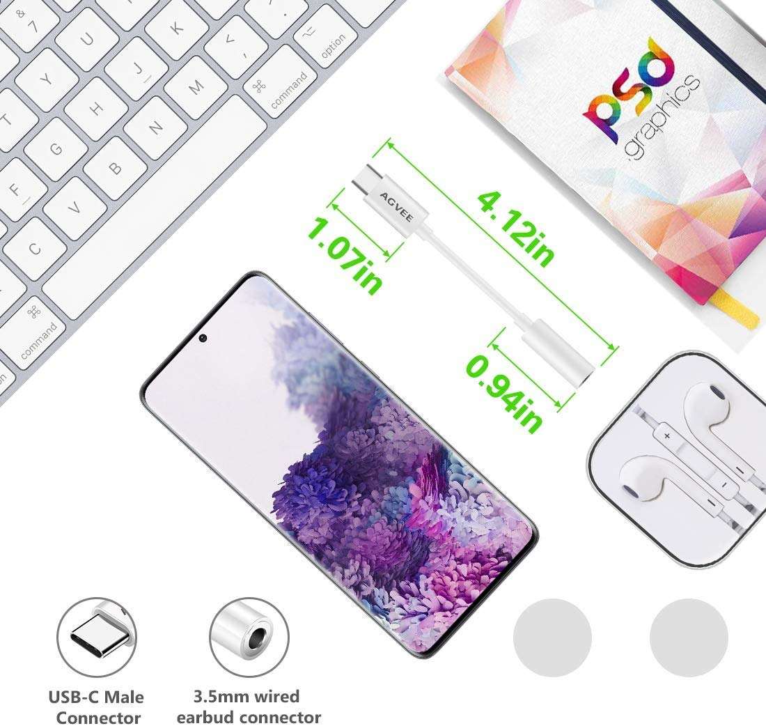 AGVEE USB-C to 3.5mm Microphone Headphones Adapter, 2-Pack Type-C TRRS AUX Mic Converter, USBC Earbuds Jack, Audio Dongle for Samsung S21 S20(5G Ultra), Note 10 20, iPad Pro, Pixel 5 4 3 2, White 6