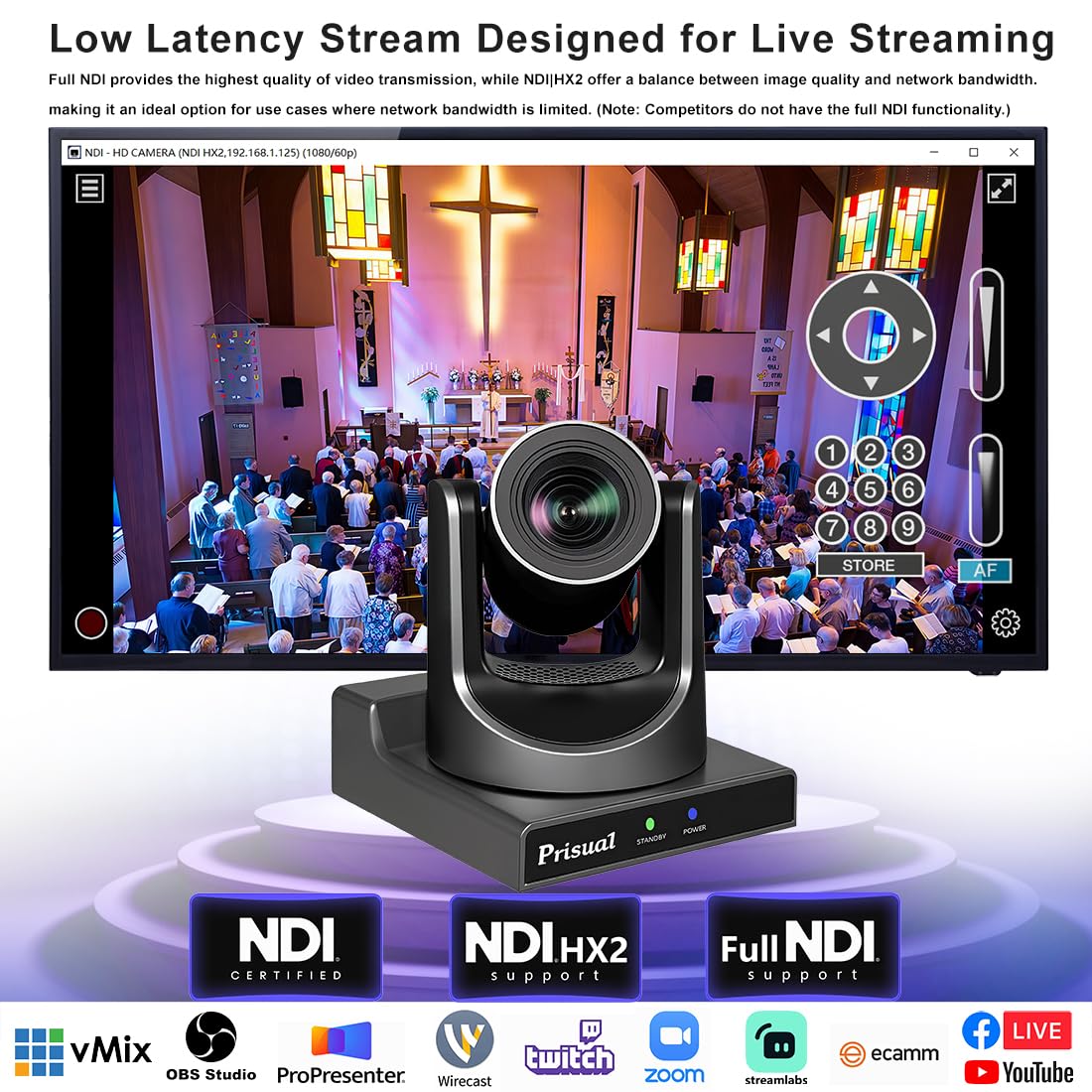 Prisual NDI PTZ Camera Bundle 20X HDMI 3G-SDI IP PoE HDMI PTZ Camera for Church Live Streaming(3pcs) + R2 Pro Video Switcher + TEM-JOY1 PTZ Controller 5