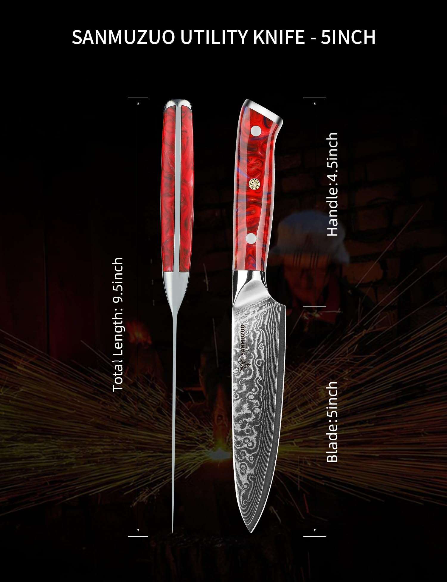 SANMUZUO 5 Inch Kitchen Utility Knife - Xuan Series Kitchen Knives - VG10 Damascus Steel with Resin Handle (Sunset Red) 5