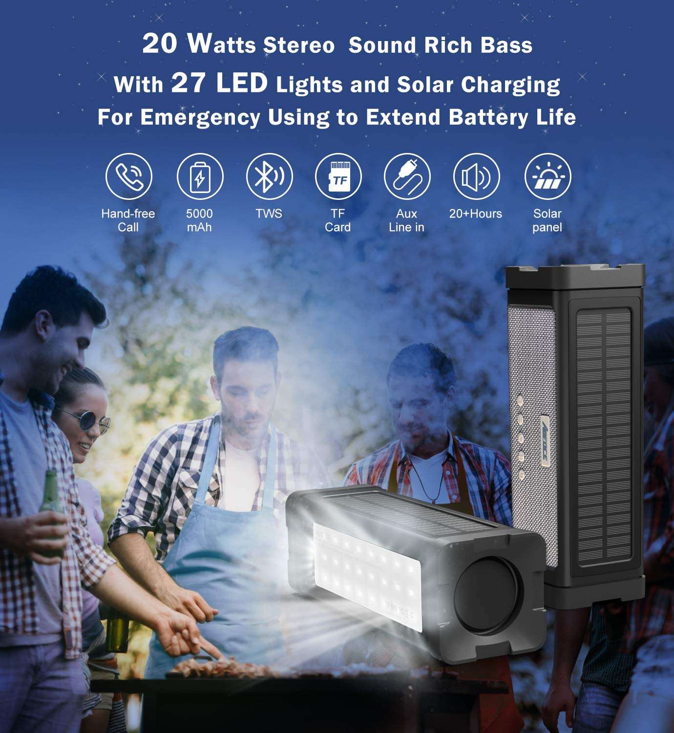 ABFOCE Solar Bluetooth Speaker,IPX7 Waterproof Portable 20W Rich Bass,with 27 LED Lights, 5000mAh Battery,Mic,TF Card,for Outdoor Shower Home-Black 2