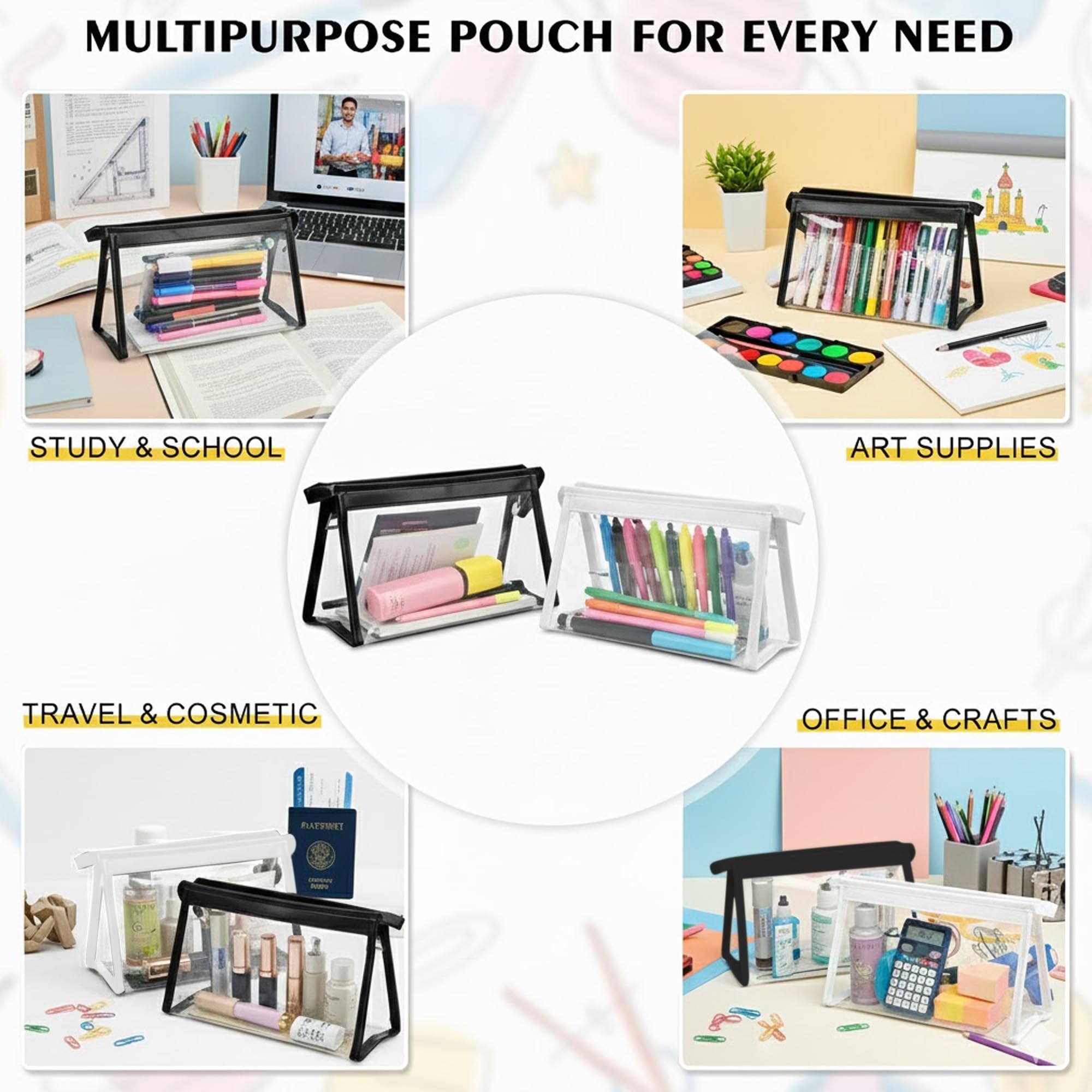 GLUN® Transparent Stationary Pouch with Zip Closing, Pack of 2 Black and White Unisex Pouch Organizer for School, Collage, Office, Multi-Purpose Pouch Pack of 2 3