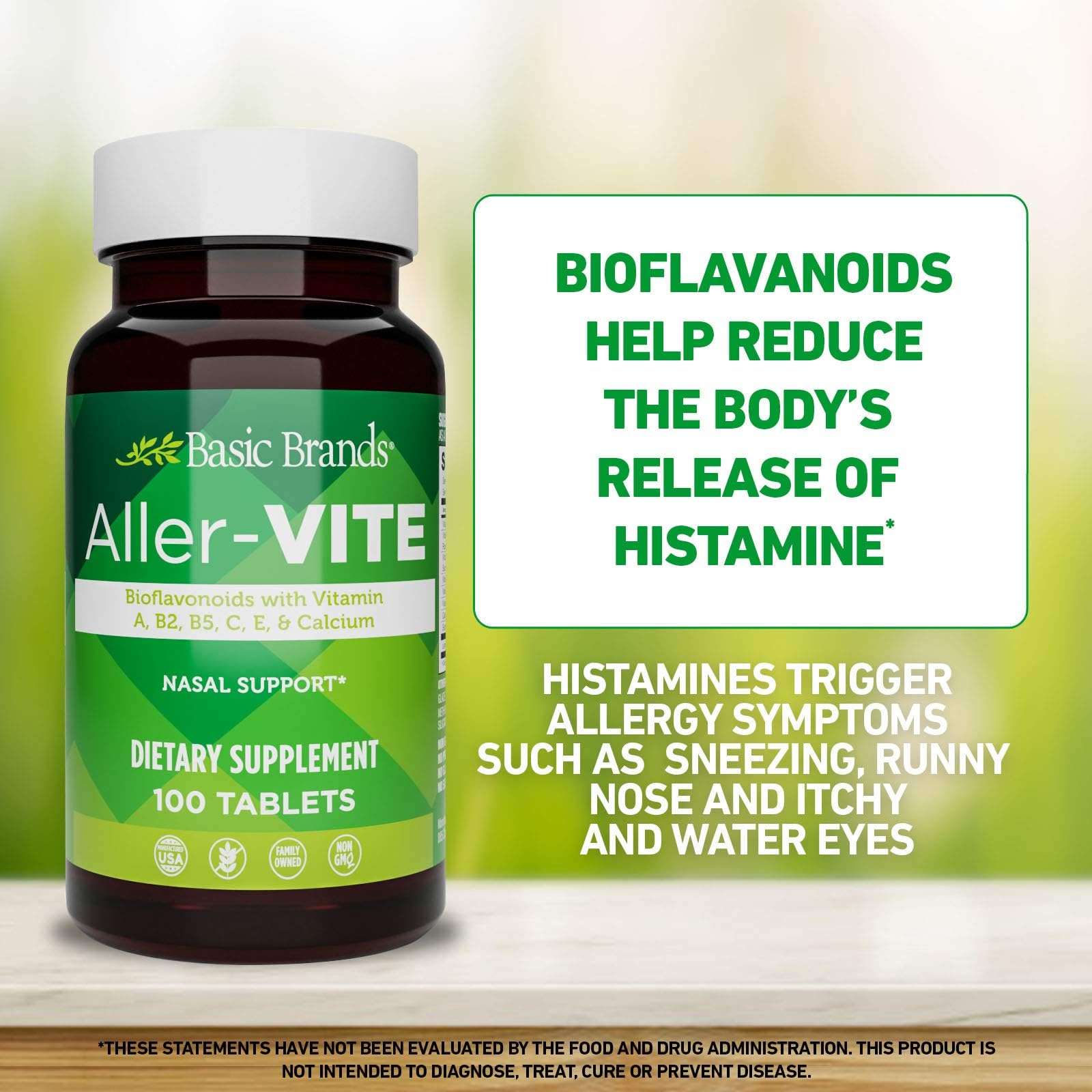 Basic Brands Aller-Vite Nasal Support – Supports Relief of Sneezing, Runny Nose, Itchy & Watery Eyes – Vitamins & Bioflavonoids – Gluten-Free, 100 Tablets 4
