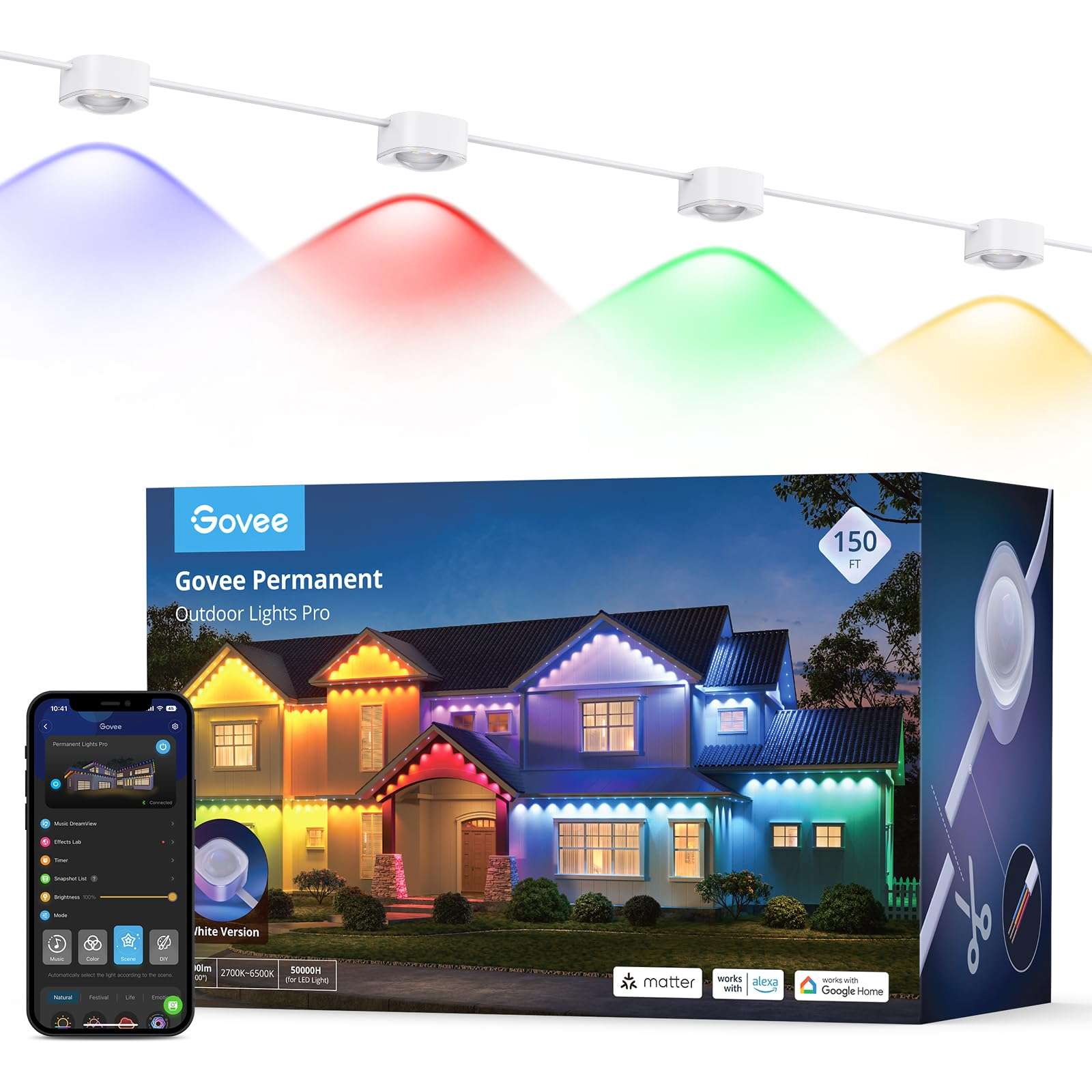 Govee Permanent Outdoor Lights Pro, 150ft with 90 RGBIC LED Lights for Daily and Accent Lighting, 75 Scene Modes for Outdoor Decor, IP67 Waterproof, Works with Alexa, Google Assistant, Matter, White 1