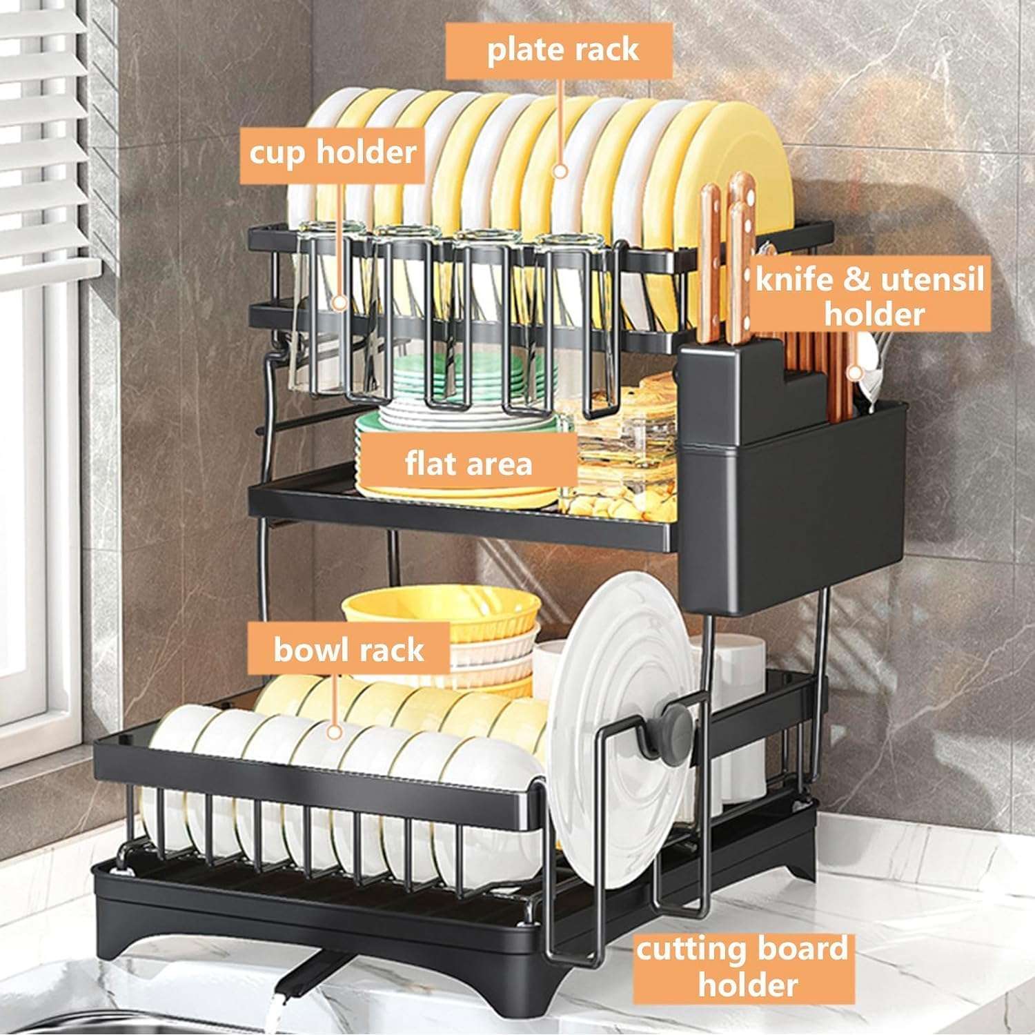 Lucario Dish Drainers Rack with Drip Tray, 3 Tier Large Dish Drying Rack with Draining Board and Cutlery/Holder Over Sink, Dish Dryer Rack for Plate/Utensil on Kitchen Countertop (RACK-358) 4